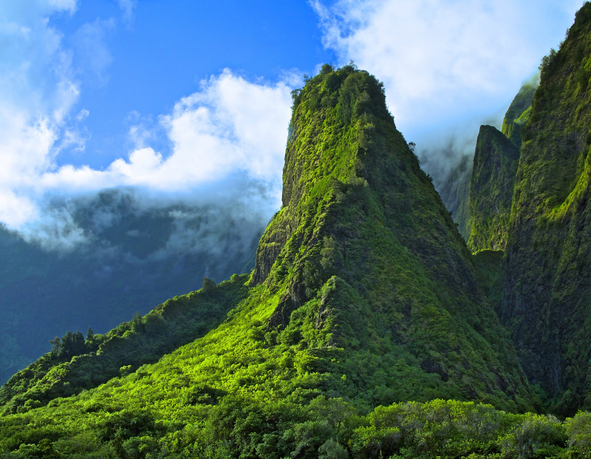 The Iao Needle (Kūkaemoku) is a famous landmark in Maui, Hawaii, a vegetation-covered lava remnant rising 1,200 feet (370 m) from the valley floor. The "needle" itself is an illusion, and is in reality a sharp ridge that gives the appearance of being a spire when viewed end-on. The needle is an extension of and surrounded by the cliffs of the West Maui Mountains, an extinct volcano.        