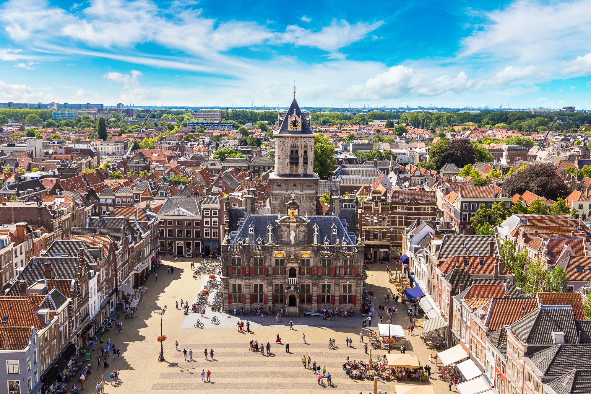 Panoramic aerial view of Delft in a beautiful summer day, The Netherlands