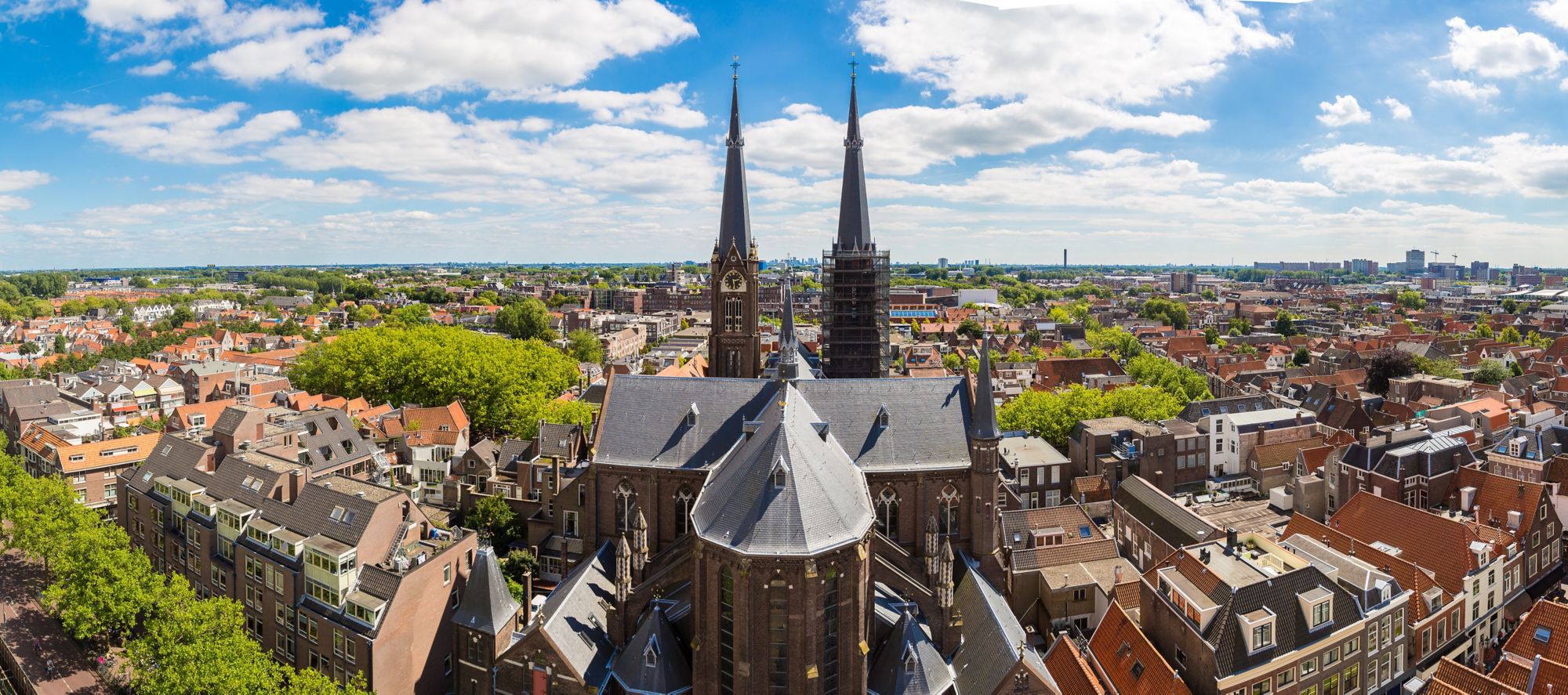 Panoramic aerial view of Delft in a beautiful summer day, The Netherlands