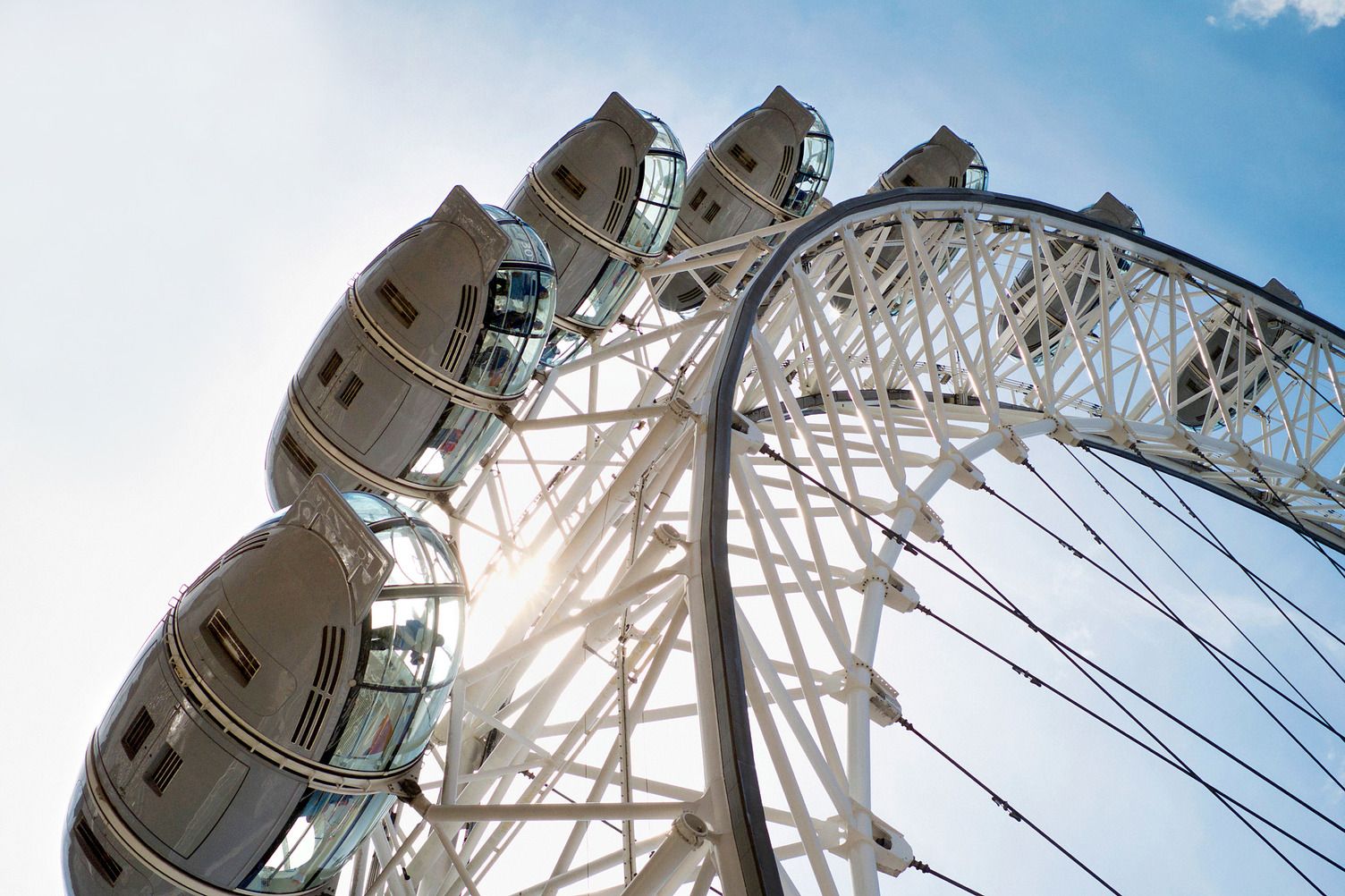 London Eye against blue sky, London, England