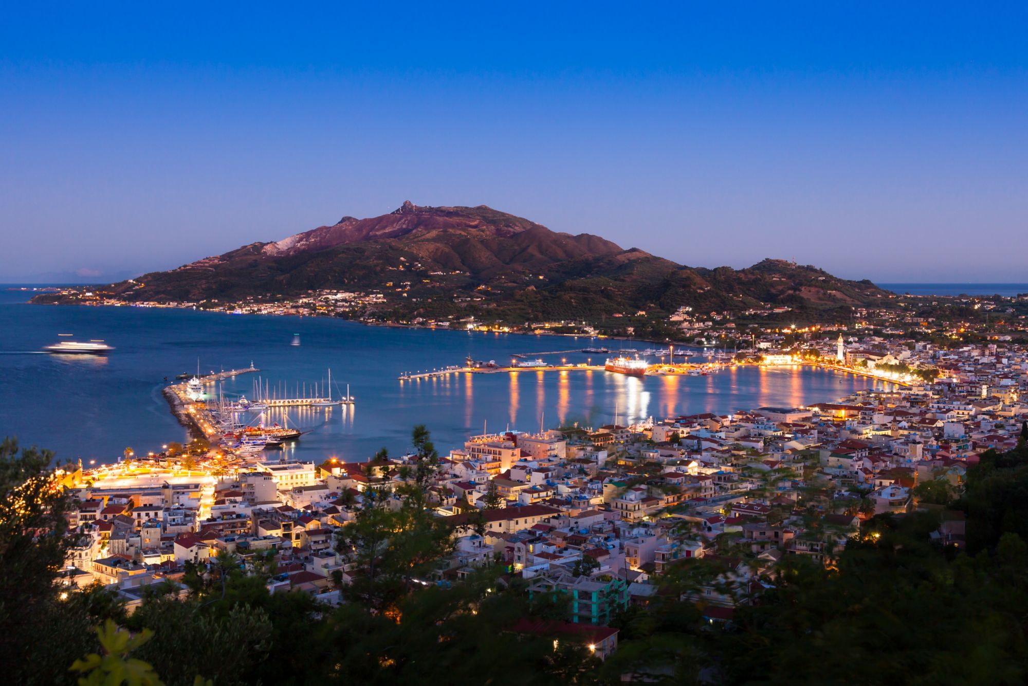 Aerial night view of Zakynthos city in Zante island in Greece