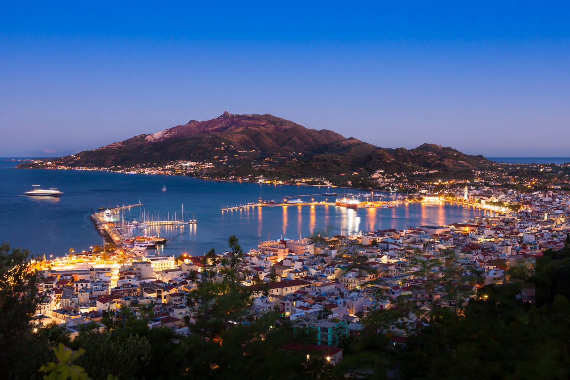 Aerial night view of Zakynthos city in Zante island in Greece