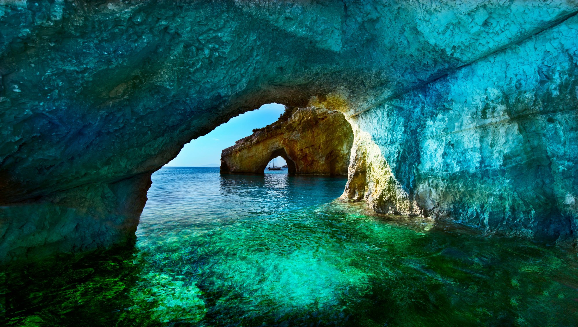 Greece, The island of Zakynthos. One of the most beautiful blue caves in the world. The Ionian Sea.  Blue caves of the island of Zakynthos