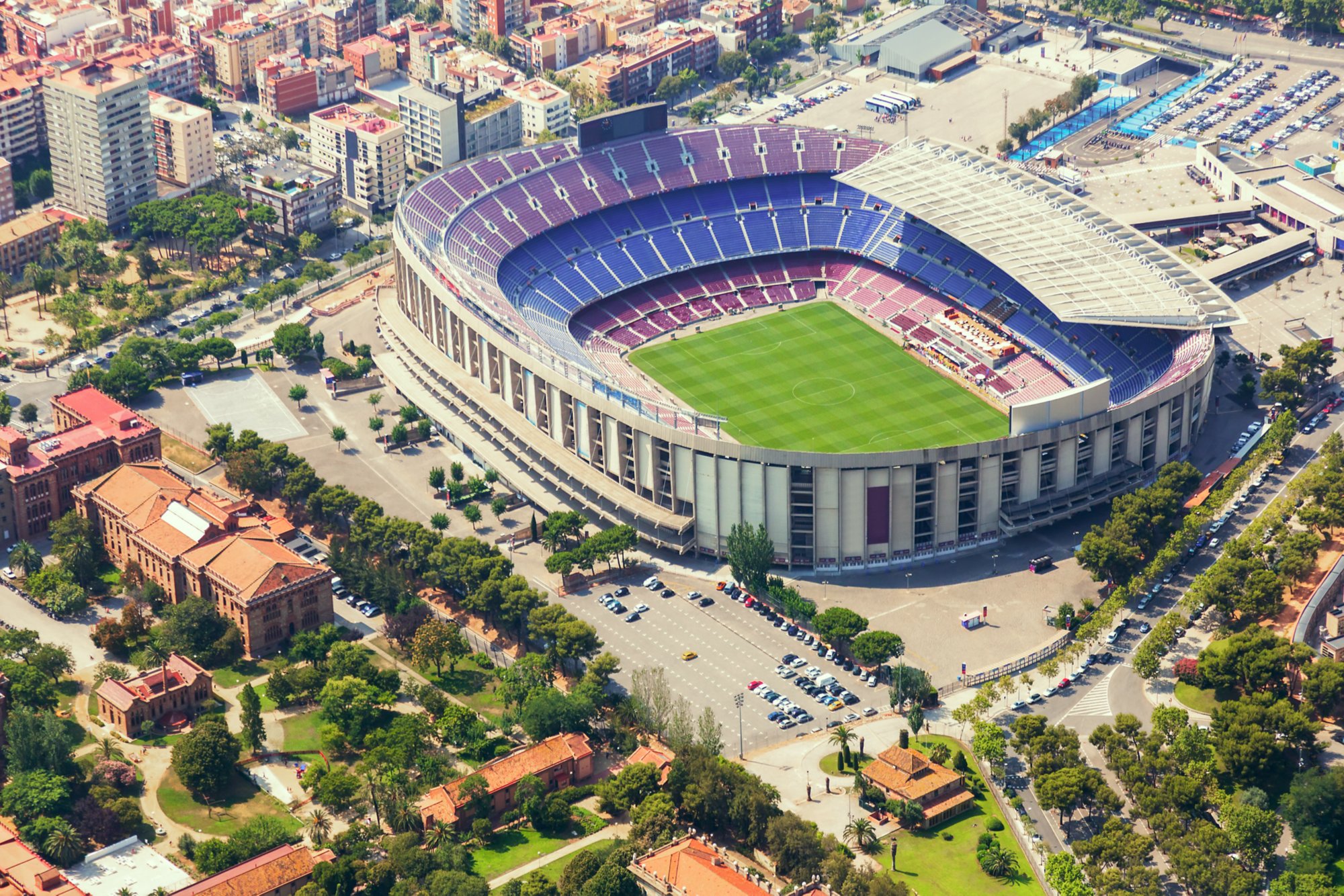 The largest stadium of Barcelona from helicopter. Catalonia, Spain
