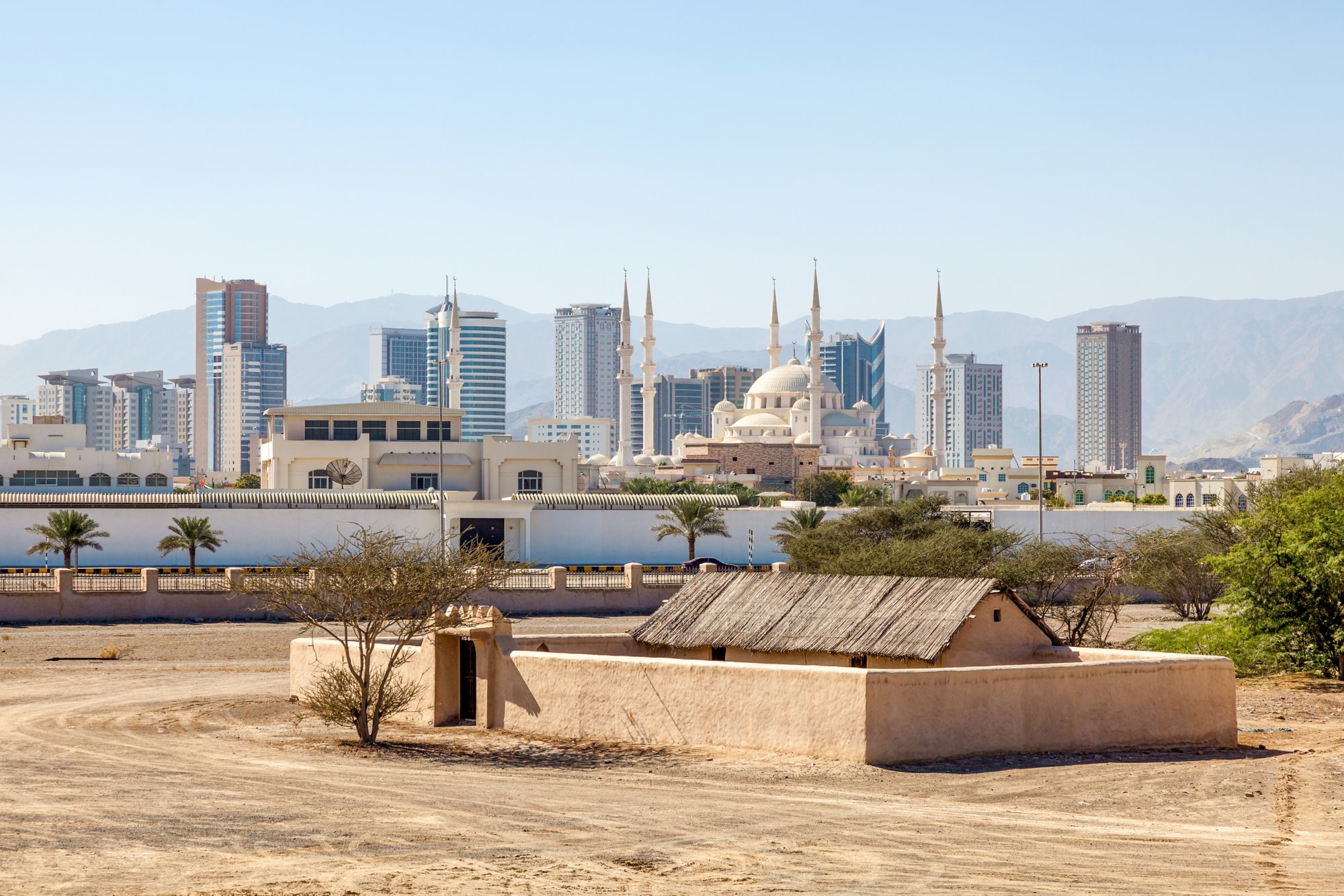 View over the city of Fujairah, Heritage Village in the foreground. United Arab Emirates