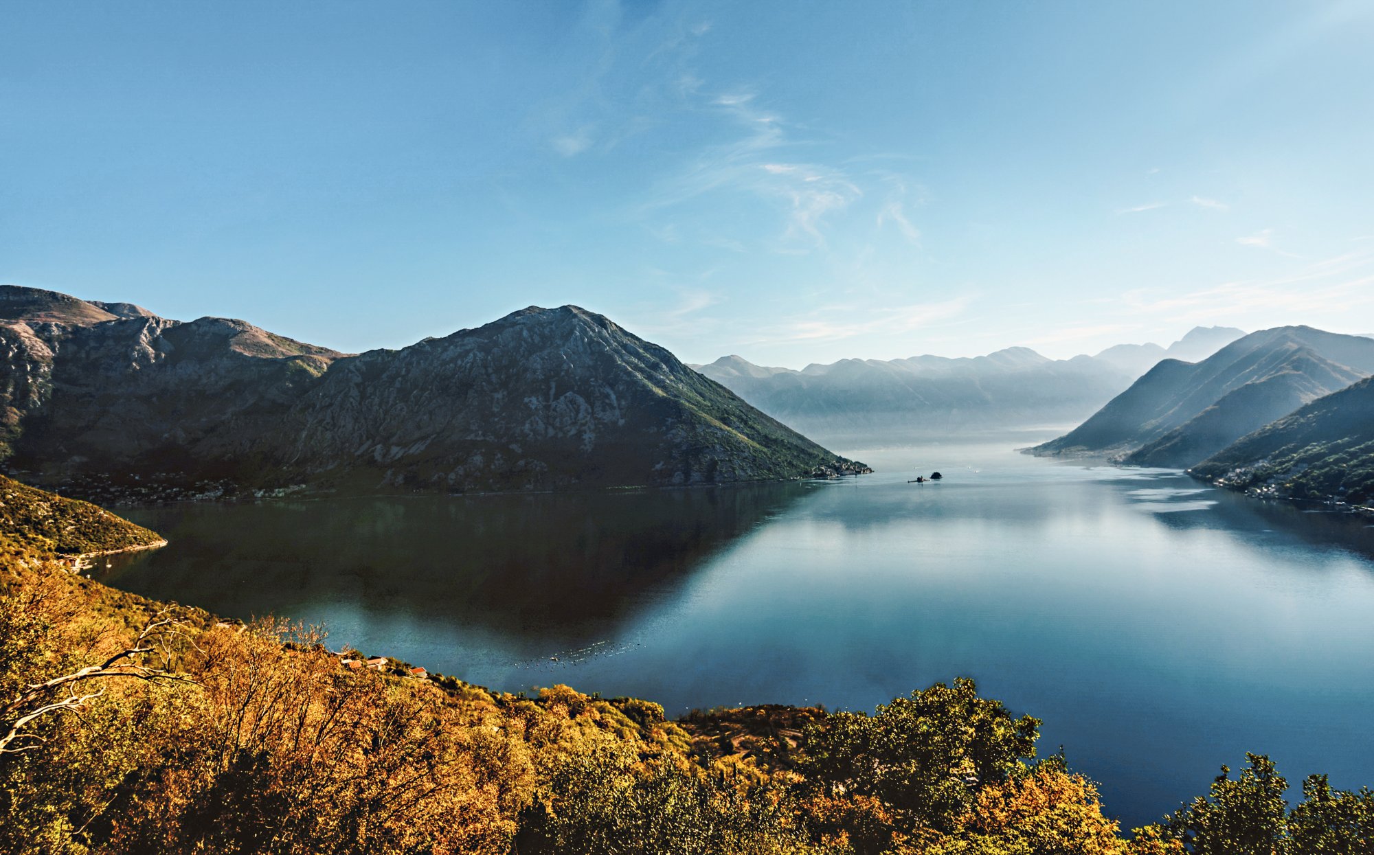 Early morning sunrise in Bay of Kotor, Perast, Montenegro