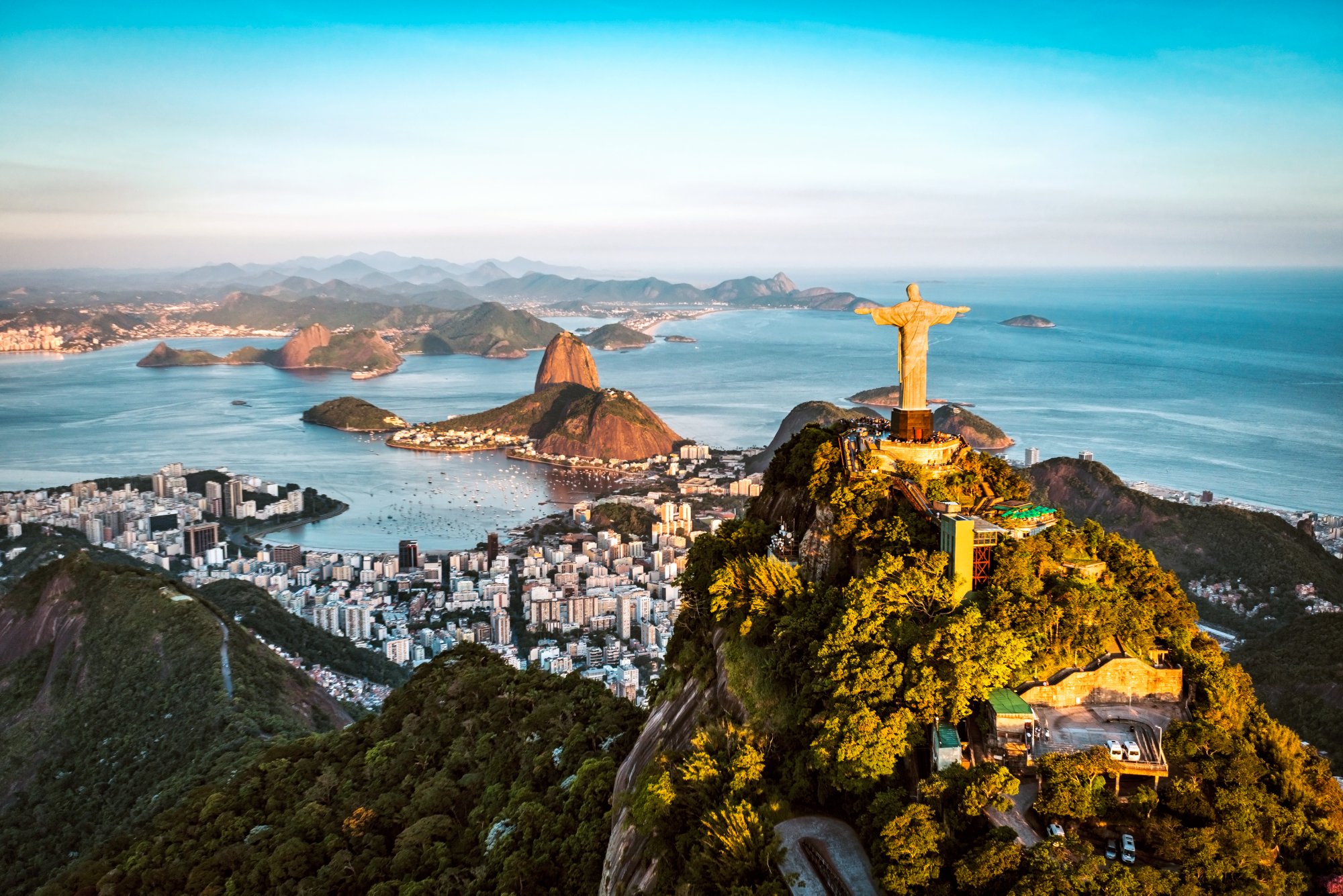 RIO DE JANEIRO, BRAZIL - FEBRUARY 2016: Aerial view of Christ and Botafogo Bay from high angle.