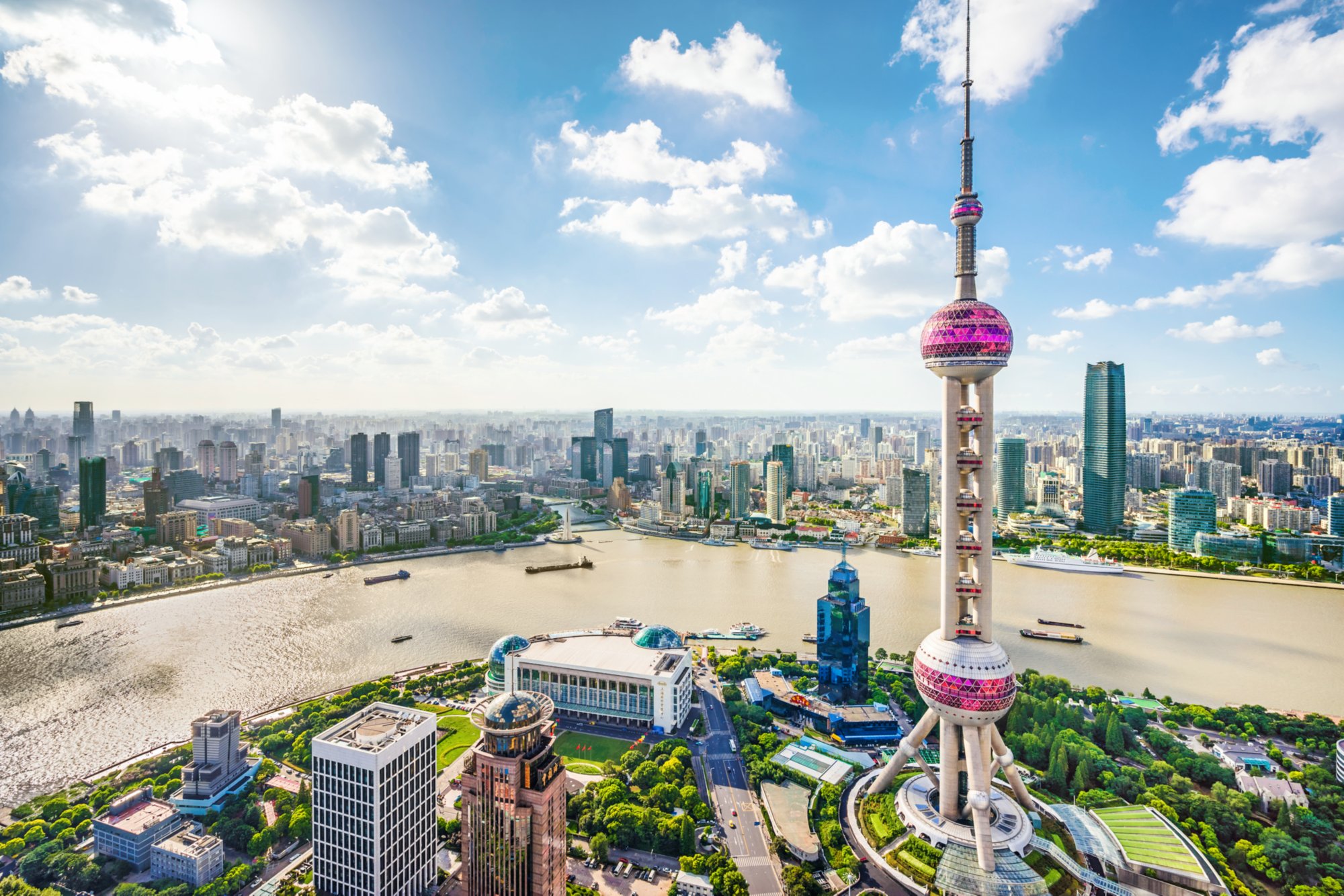 Aerial view of modern skyscrapers in Shanghai.
