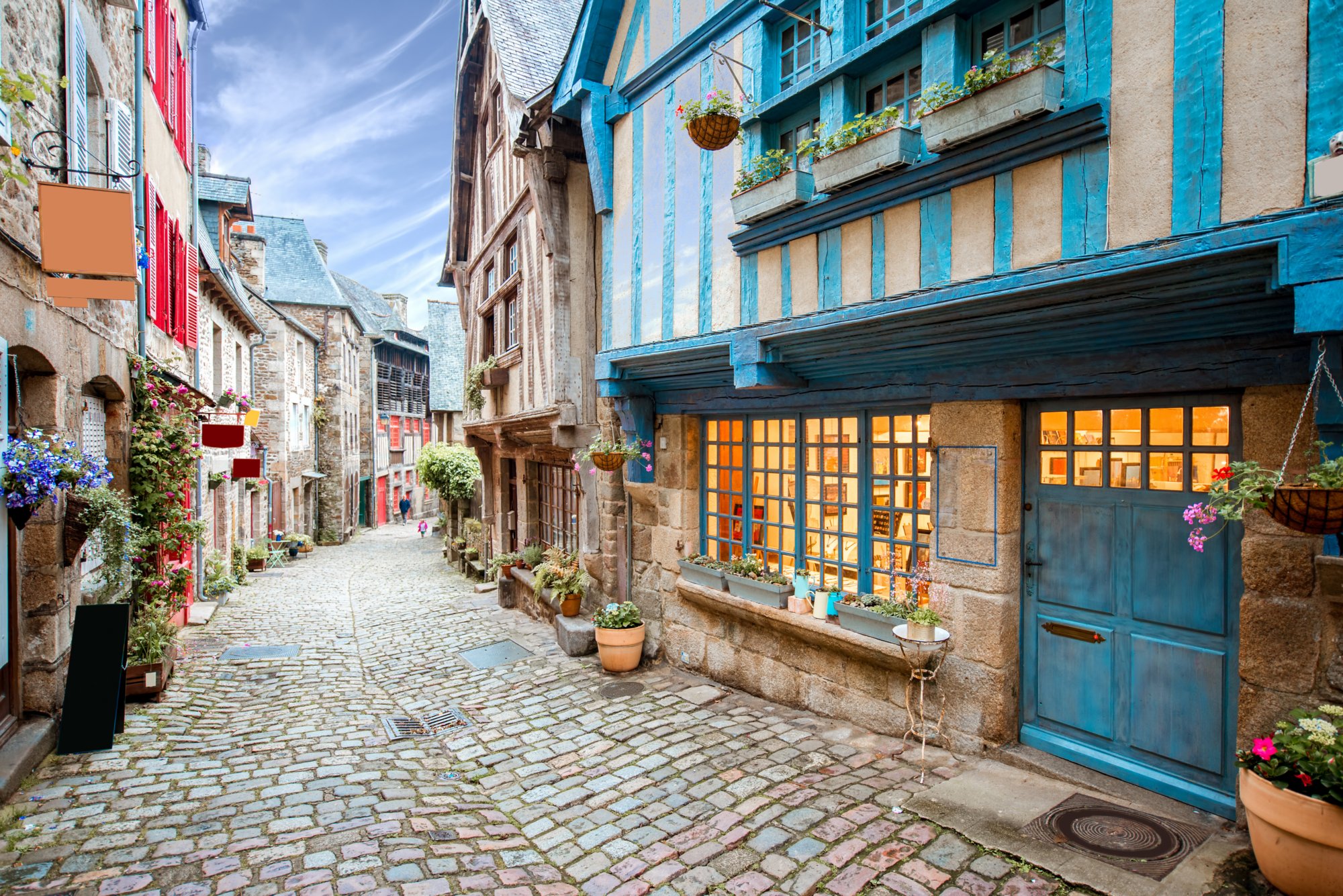 Street view at the famous Dinan town in Brittany region in France