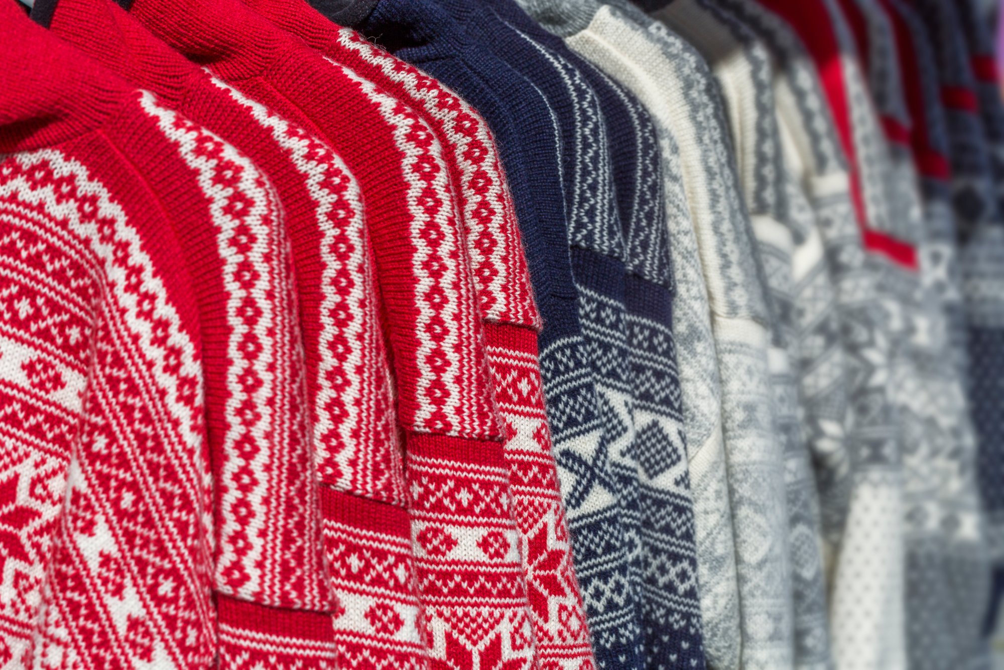 Norwegian sweaters with Knitted Scandinavian beautiful ornament.