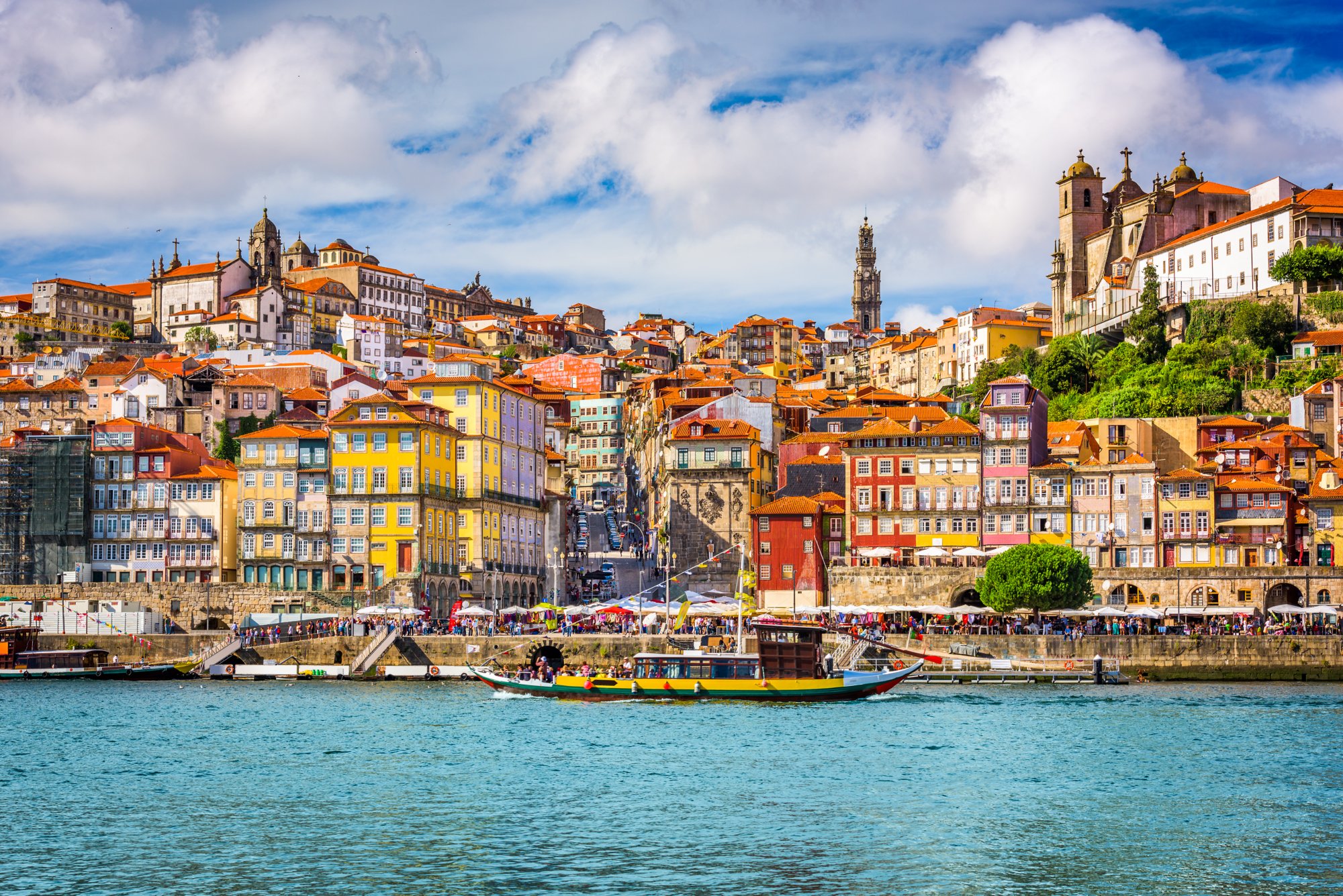 Porto, Portugal old town skyline from across the Douro River.