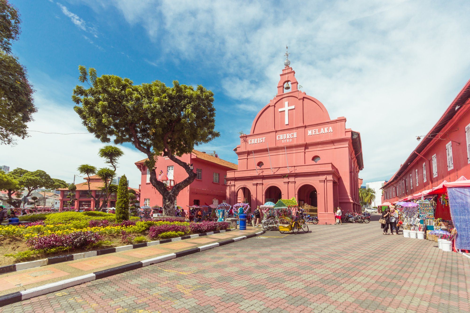 MALACCA, MALAYSIA - AUGUST 12,2016: A view of Christ Church & Dutch Square on August 12, 2016 in Malacca, Malaysia. It was built in 1753 by Dutch & is the oldest 18th century Protestant church in Malaysia.