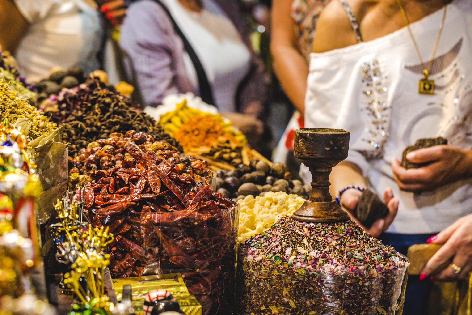 Dried herbs, flowers and arabic spices in the souk at Deira in Dubai, UAE.