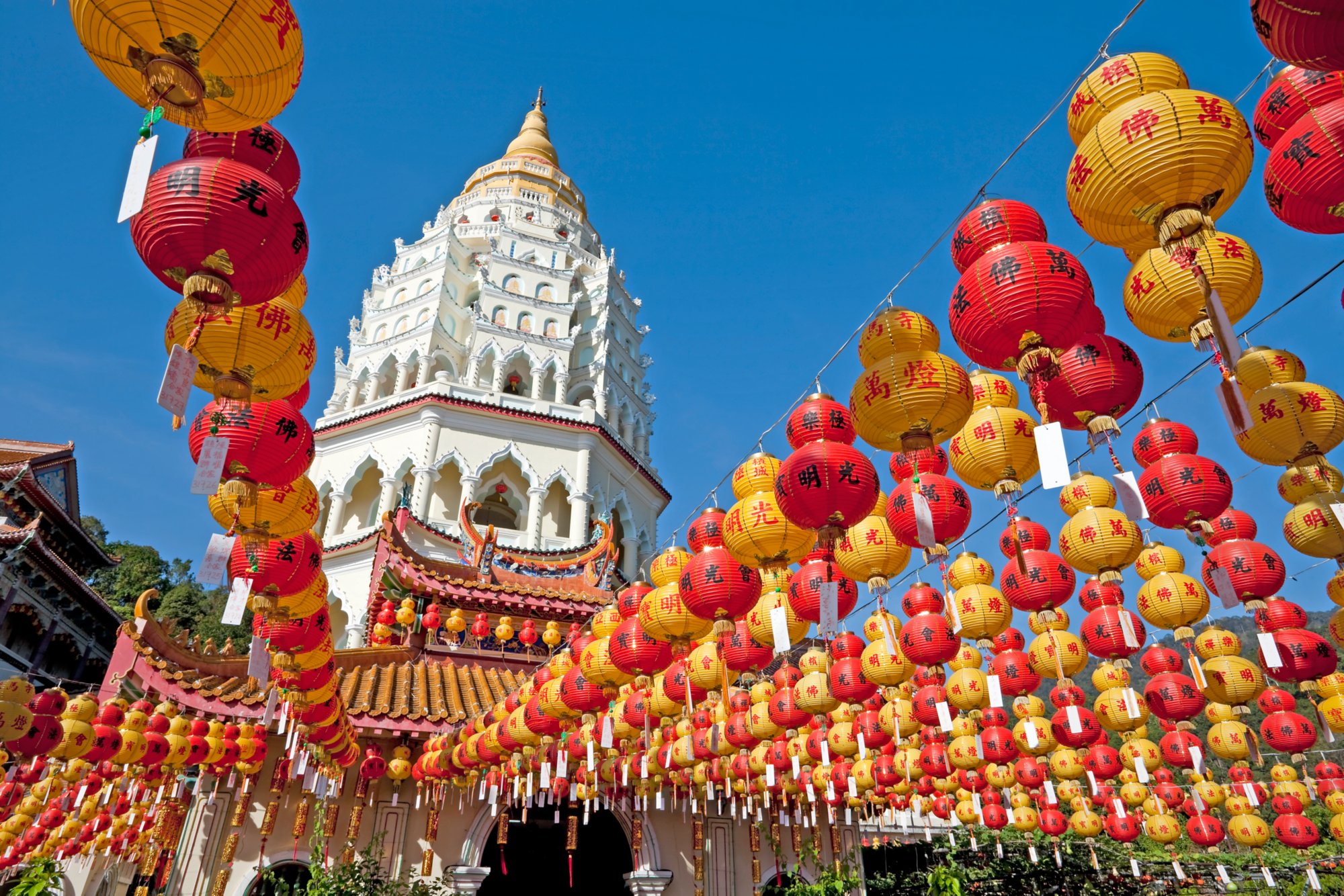 kek lok si chinese paper lanterns with new year greeting during the chinese new year holidays in penang island malaysia