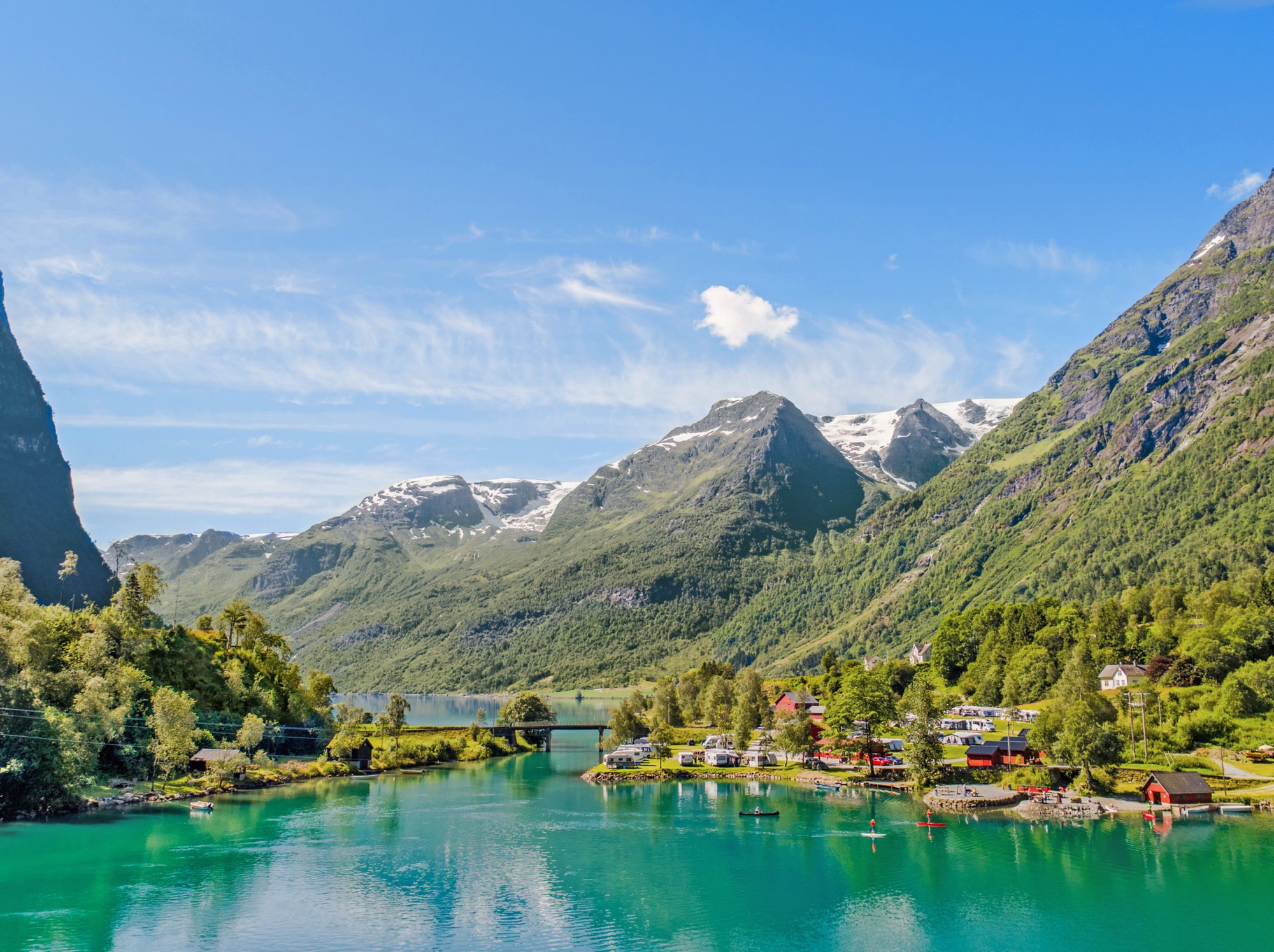 Oldevatnet, a lake in Sogn og Fjordane, Norway.  The lake is fed by mountain streams which are fed by glacial meltoff, making for crystal-clear waters; the water is too cold for appreciable growth.