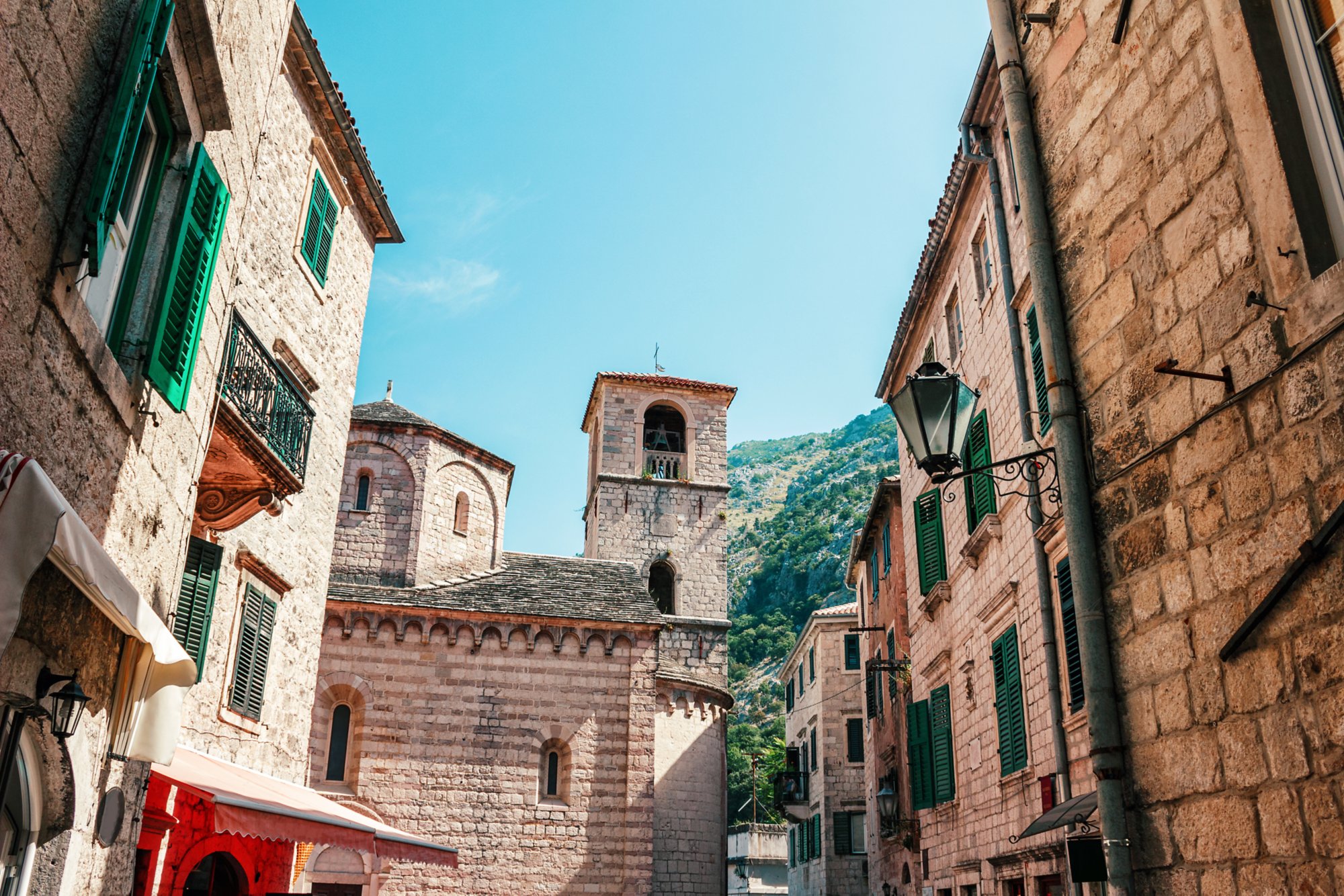 Old historical buildings in the central district of ancient city Kotor in Montenegro.