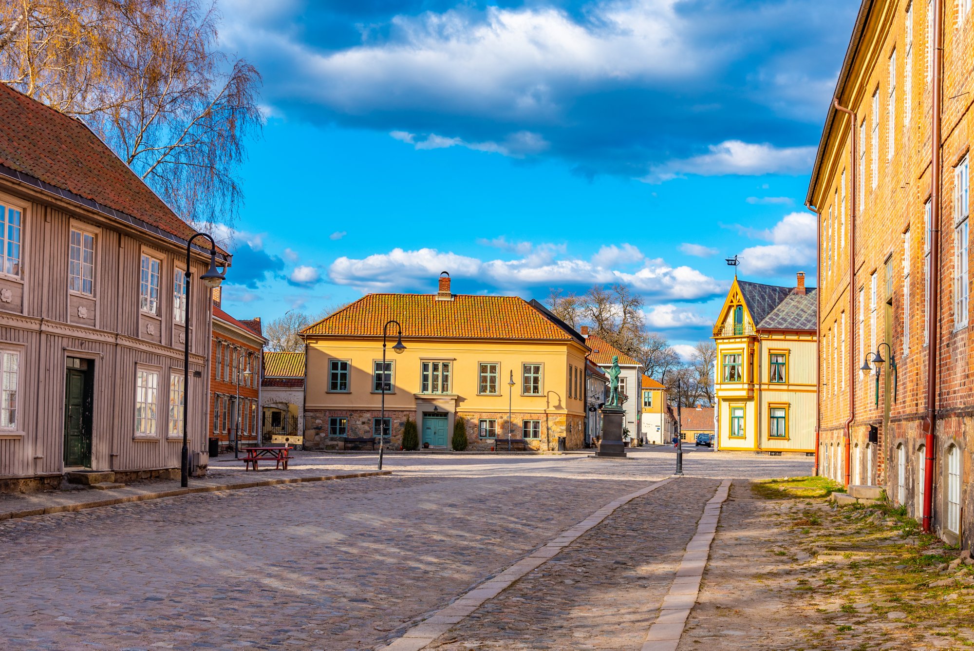 Torvet square in Fredrikstad with statue of the founder of the city - king Fredrik II, Norway