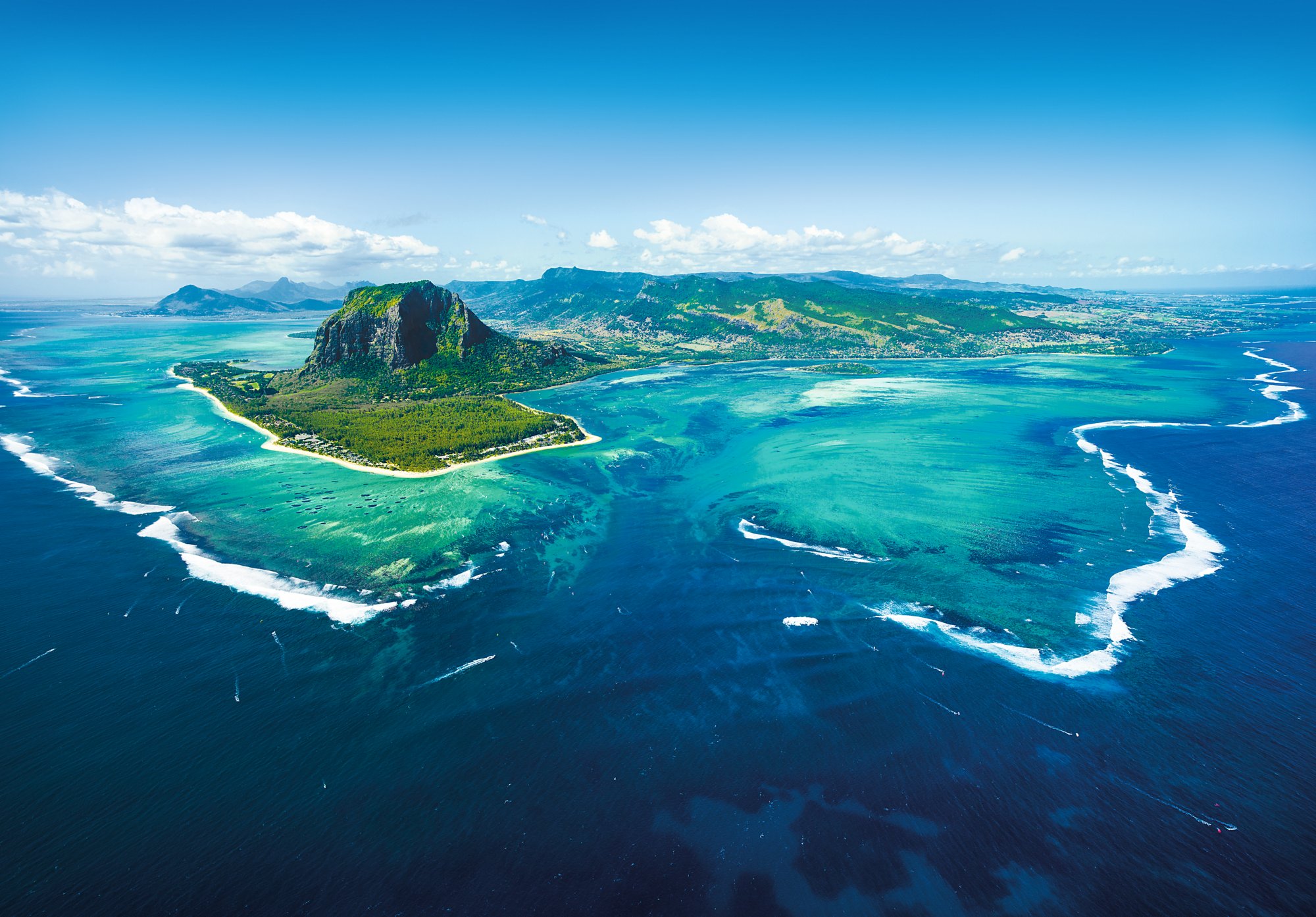 Aerial view of Mauritius island panorama and famous  Le Morne Brabant mountain, beautiful blue lagoon and underwater waterfall