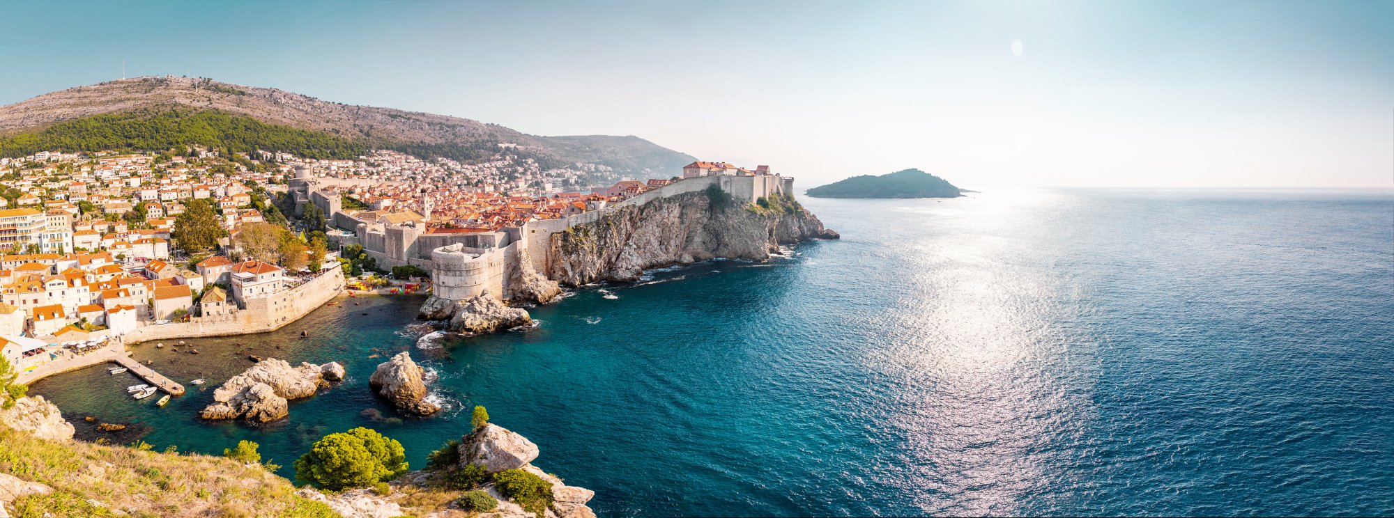 View from Fort Lovrijenac to Dubrovnik Old town in Croatia at sunset light, travel background