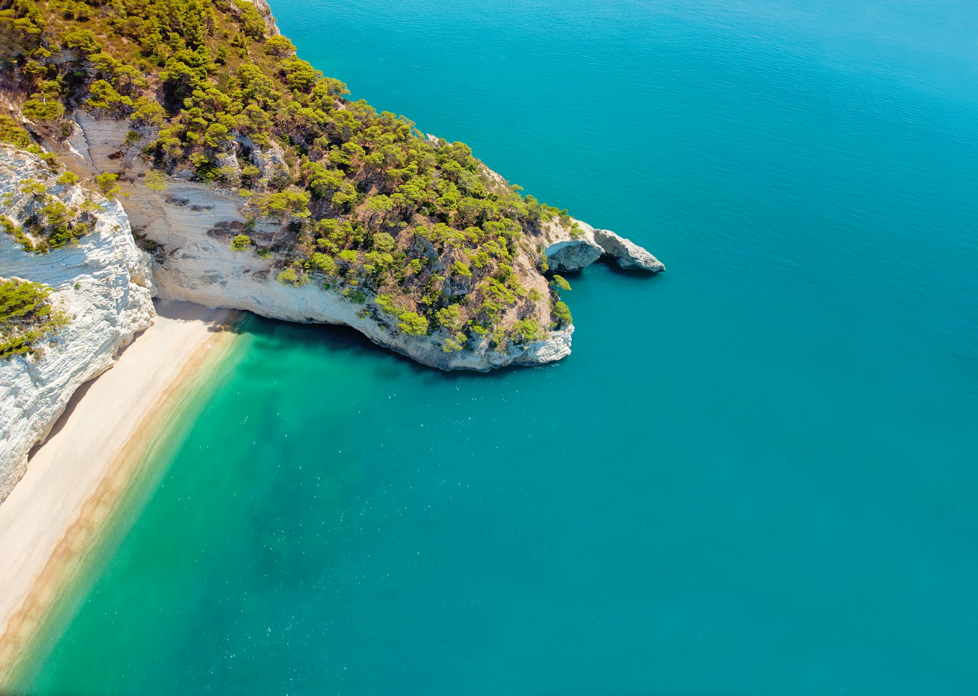 Aerial view of a Boat with tourists visiting a groat Puglia coast, Italy. Italian holidays in Puglia - Natural park Gargano with beautiful turquoise sea.