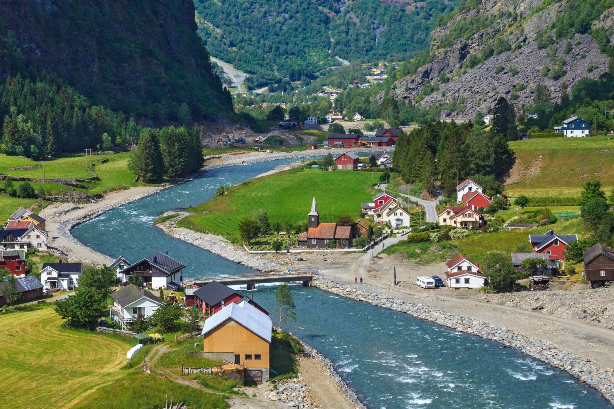 Aerial view of the Norwegian village Flam in the summer.