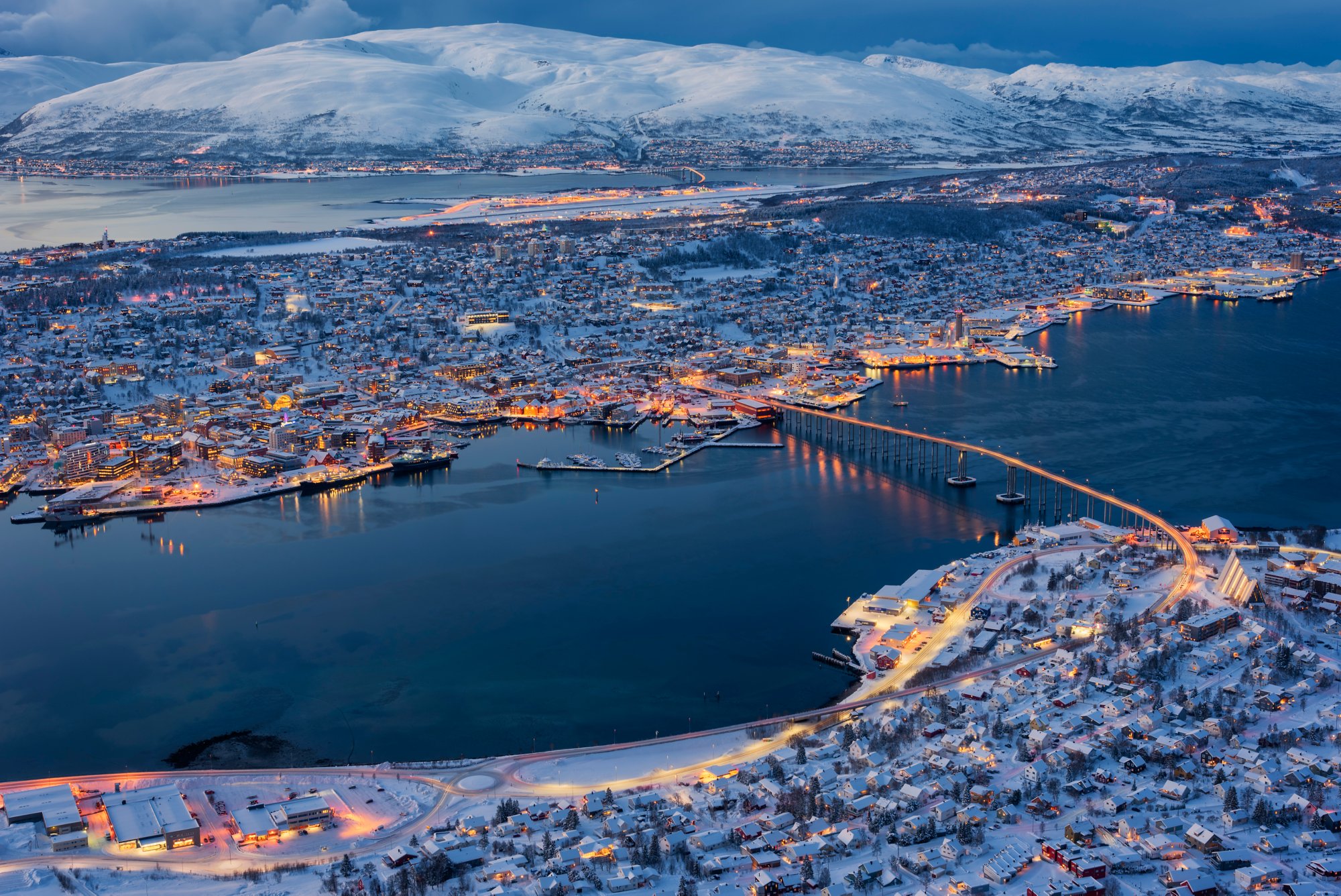 Cityscape of Tromso during Blue Hour Winter