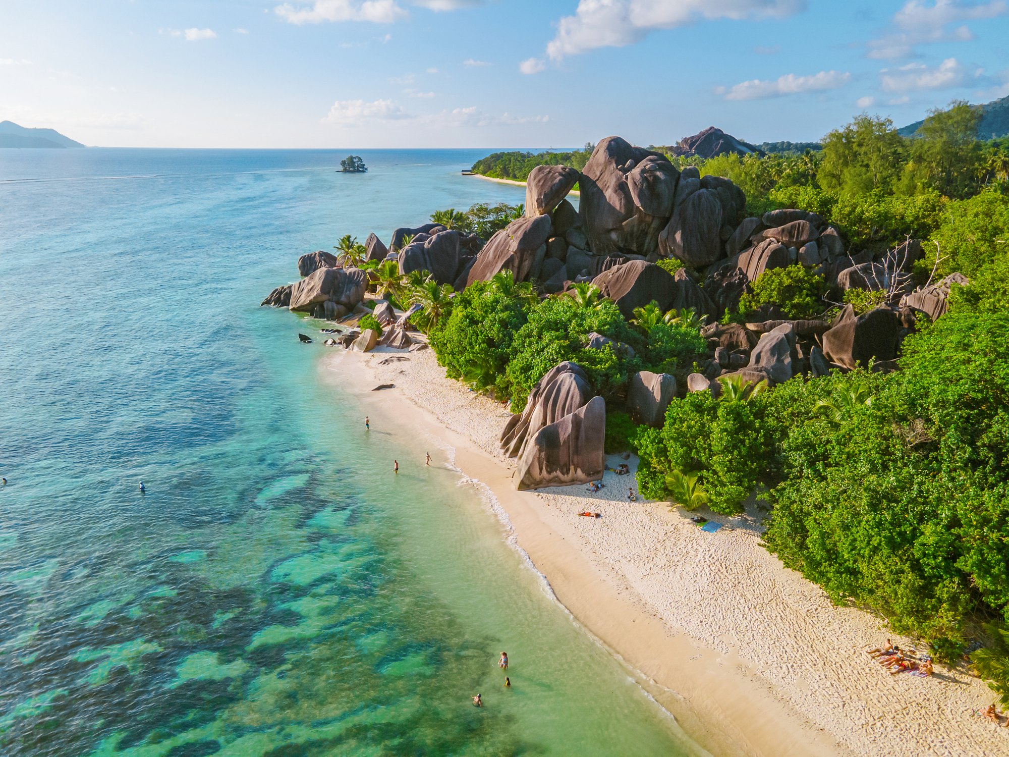 Anse Source d'Argent beach, La Digue Island, Seychelles, Drone aerial view of La Digue Seychelles bird eye view. of tropical Island