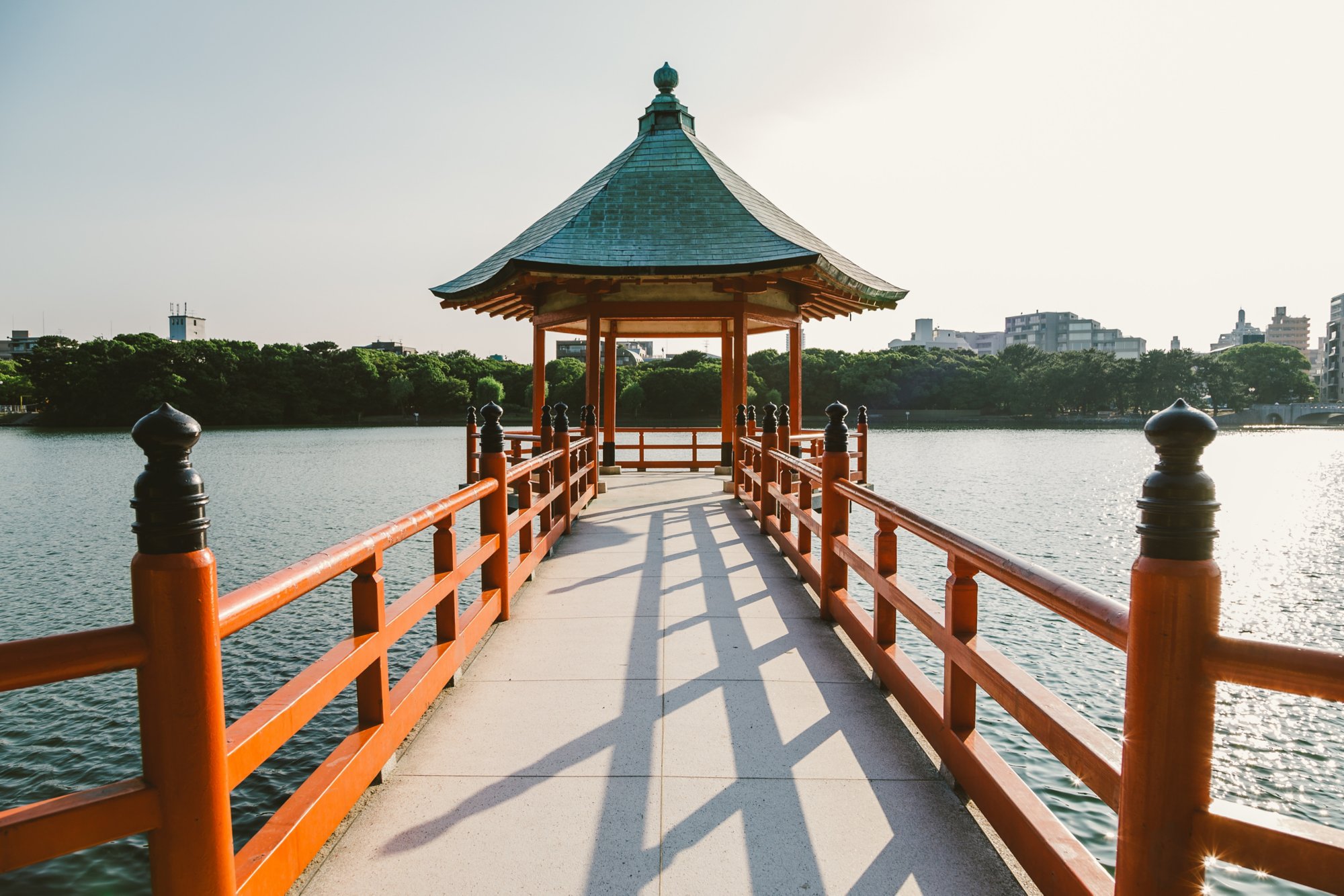 Fukuoka Ohori park. Lake and gazebo landscape