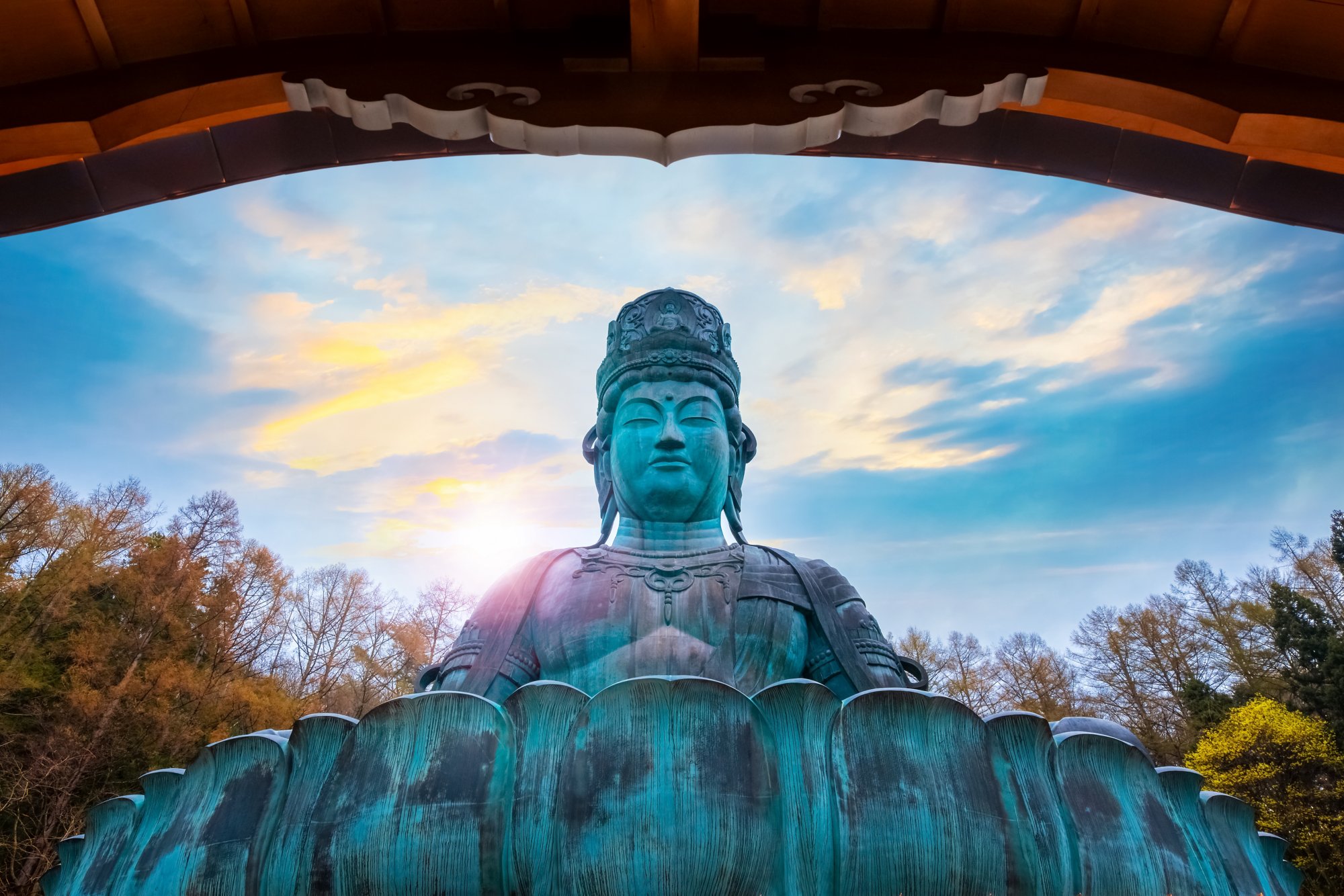 The Big Buddha at Seiryuji Temple in Aomori Prefecture. AOMORI, JAPAN - APRIL 24 2018: The big Buddha at Seiryuji temple completed in 1984, the bronze Buddha with meditation posture is totally 21.35 meters tall