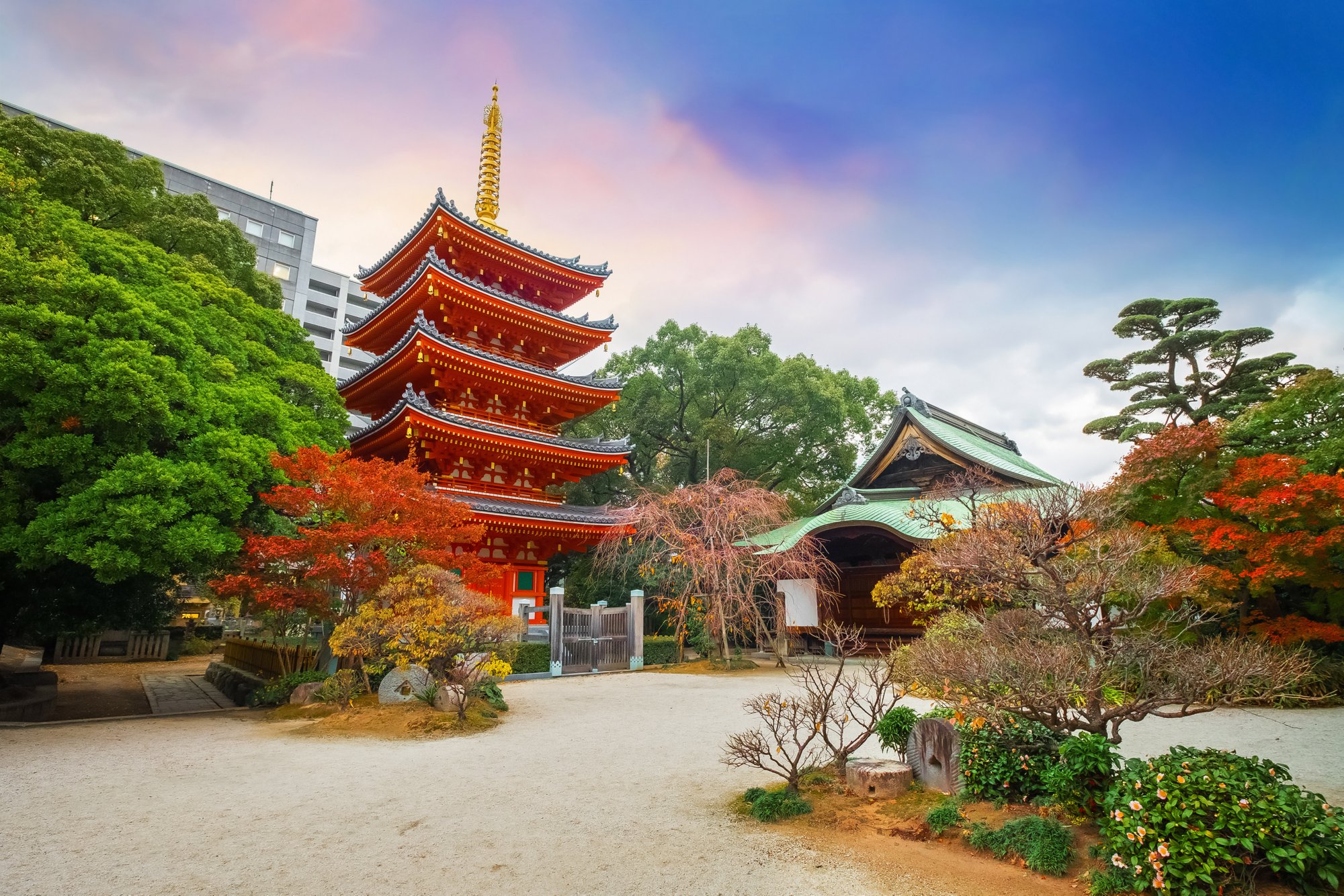 Fukuoka, Japan - Nov 30 2022: Tochoji Temple located in Hakata district. First built by Kobo Daishi by the sea, moved to current place by Kuroda Tadayuki, designated a historical site by Fukuoka City