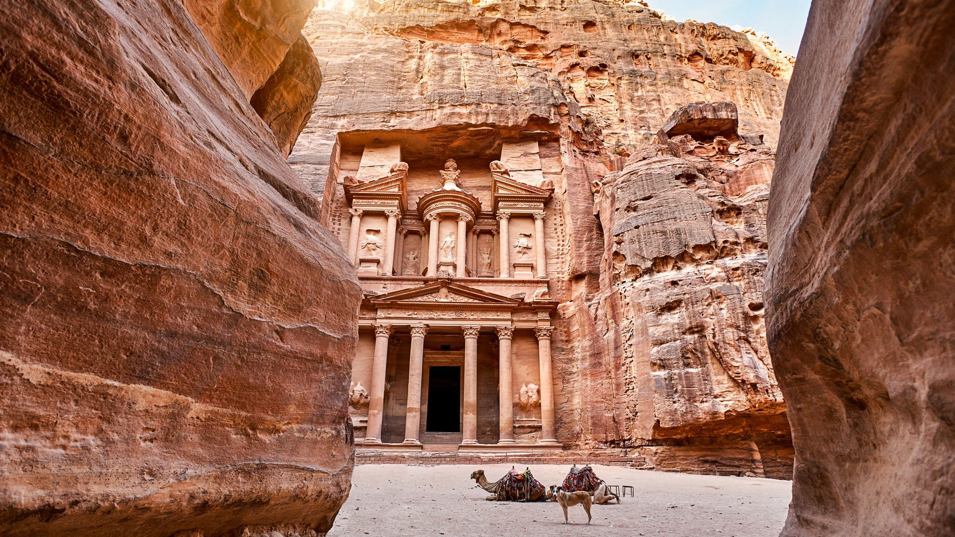 The temple-mausoleum of Al Khazneh in the ancient city of Petra in Jordan