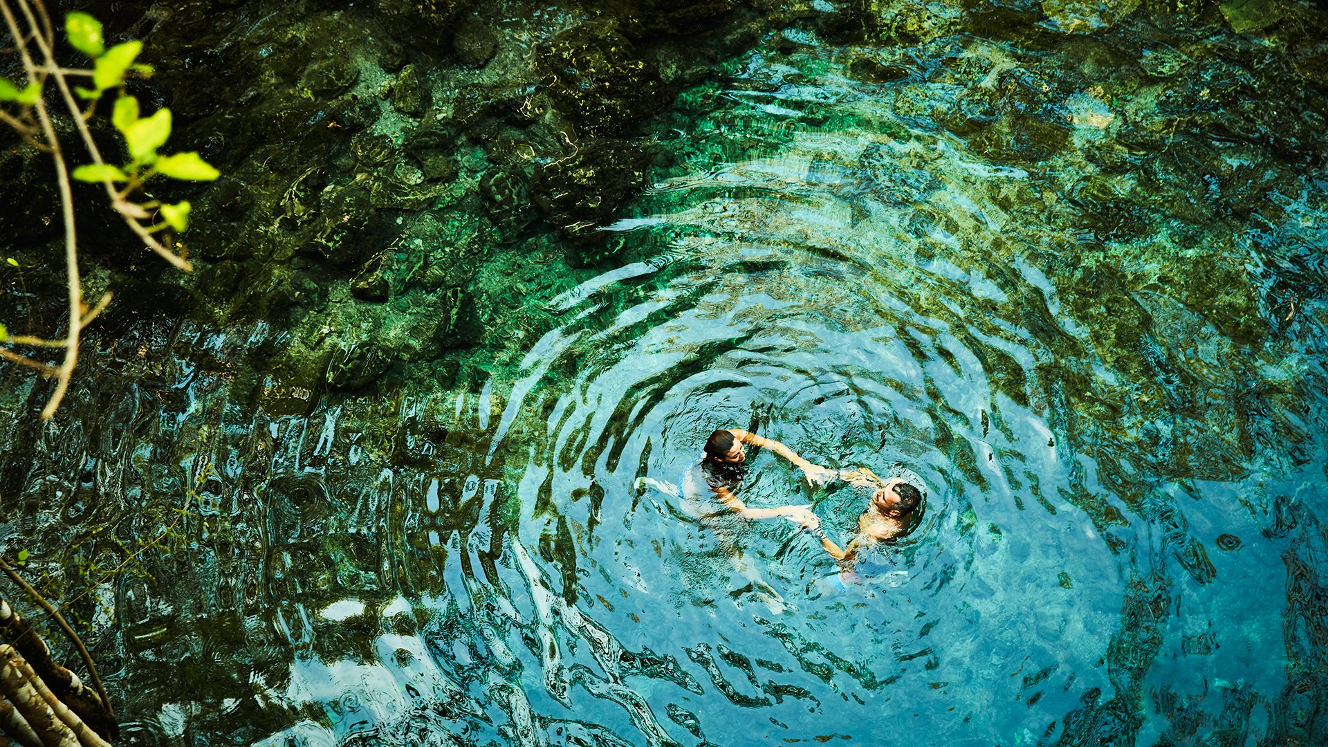 Overhead view of couple holding hands while swimming in cenote during vacation
