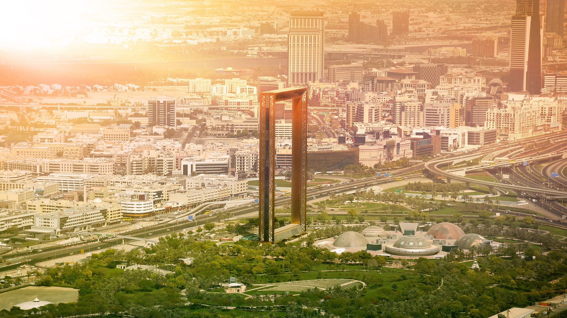 Dubai skyline with Dubai Frame building at sunset