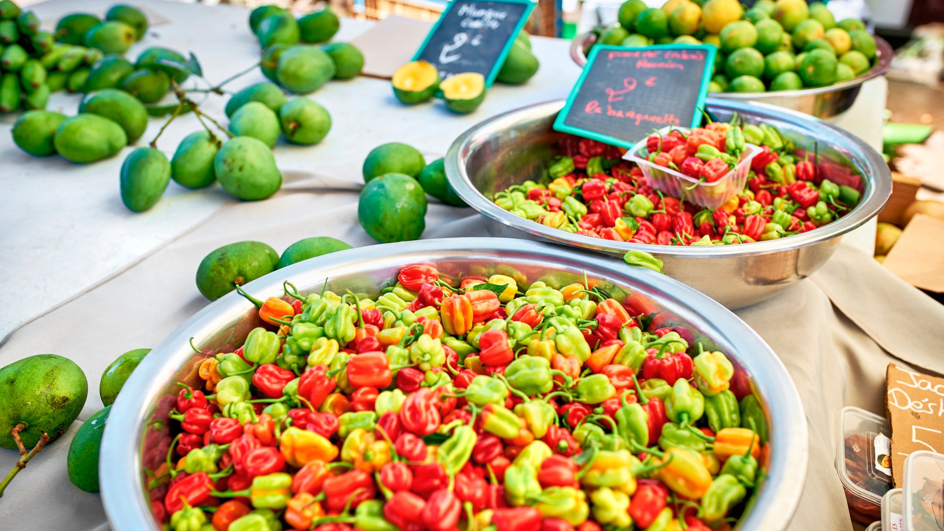 exotic peppers (piments cabri) on local market of Saint-Pierre, Reunion Island