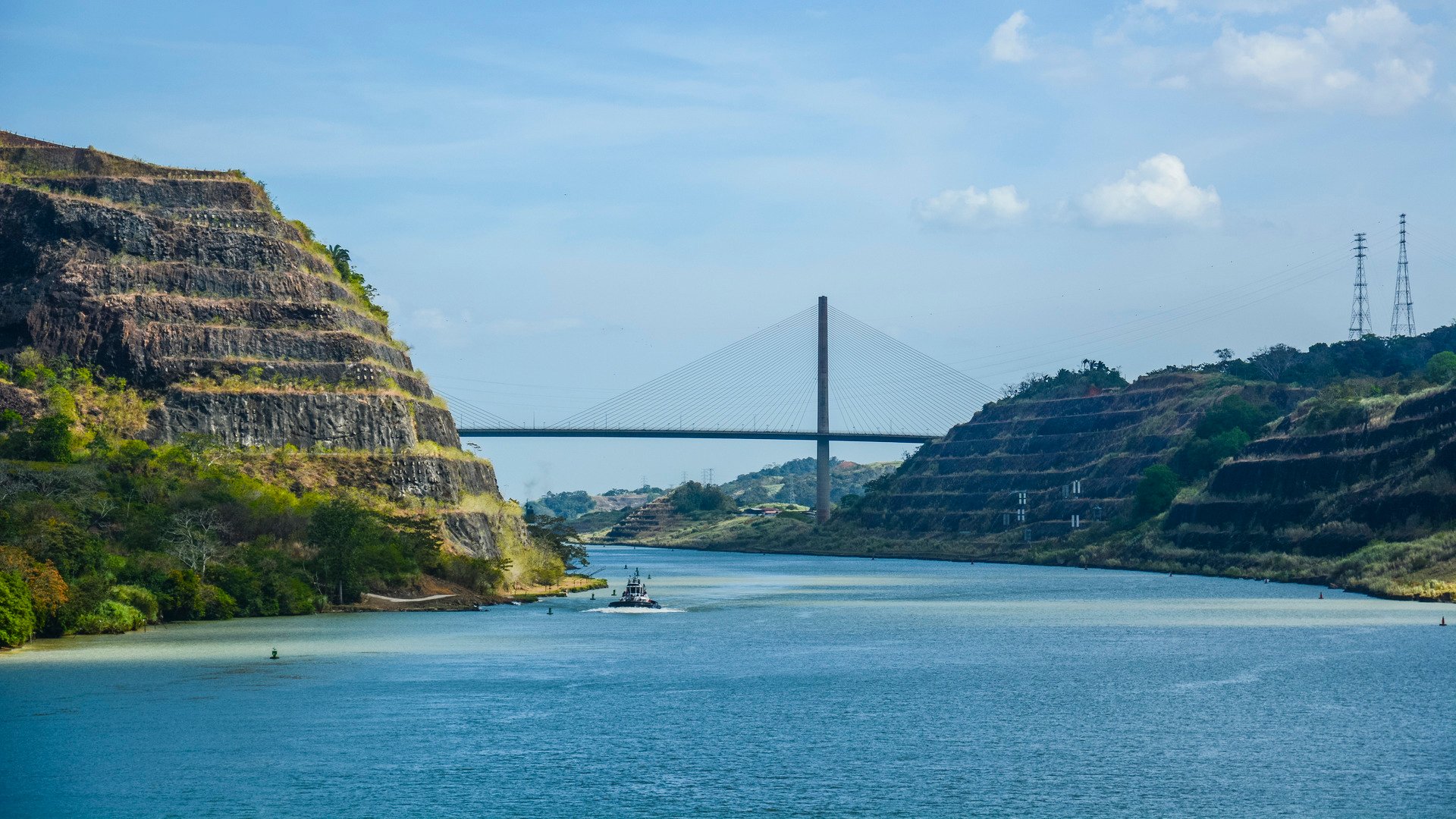 Looking towards Centennial Bridge from Culebra Cut, heading towards the Pacific ocean from the Atlantic ocean via Panama Canal.