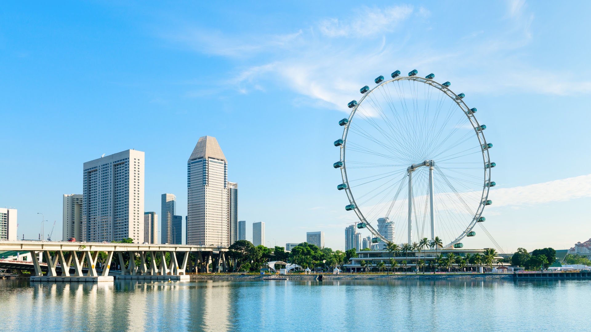 Big ferris wheel in the modern city skyline and bay water on front, Singapore.