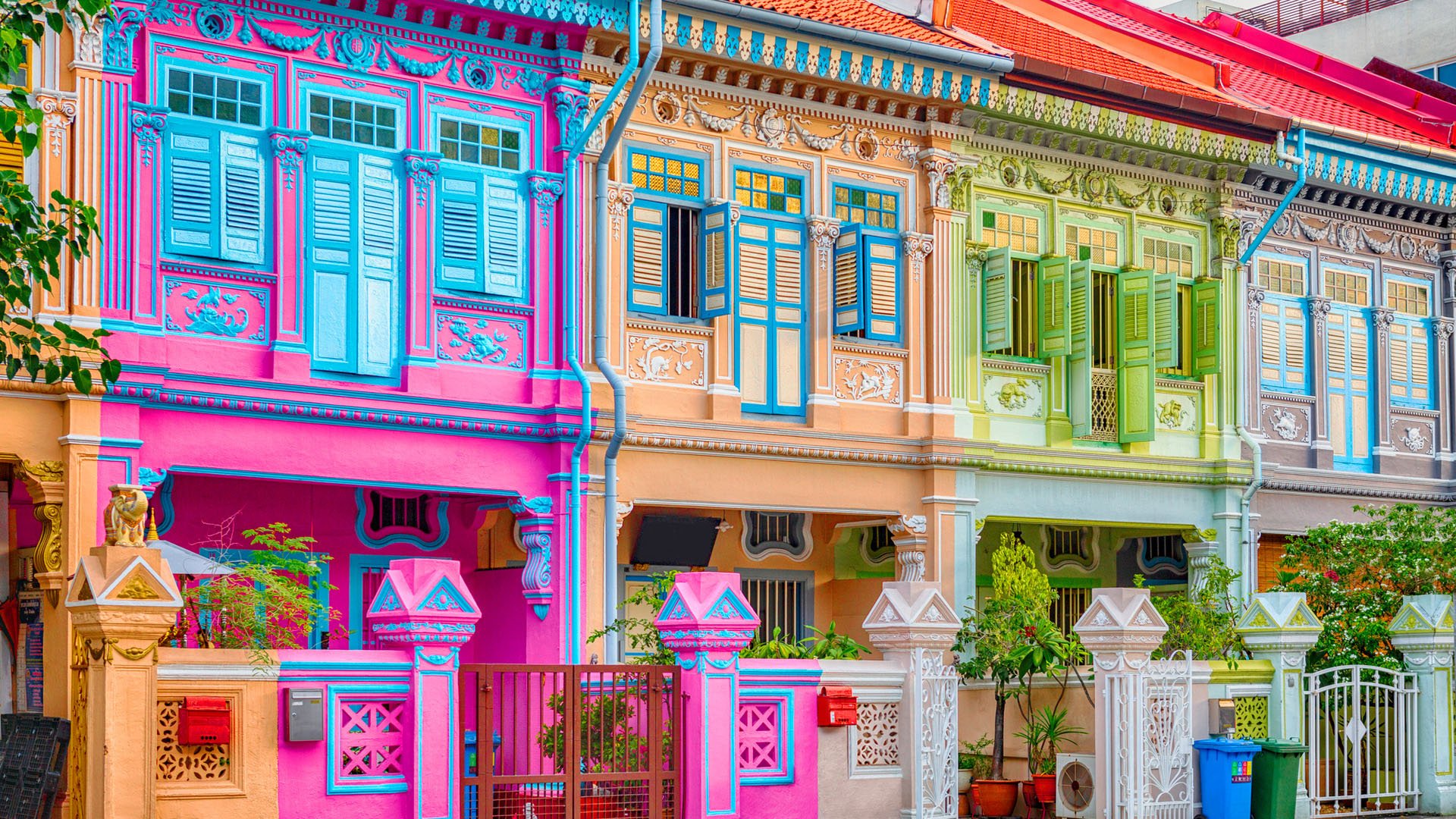 Singapore, Joo Chiat, Koon Seng Road, May 12, 2018:  Classic Singapore shophouses, a type of commercial housing architecture found in Singapore and Malaysia