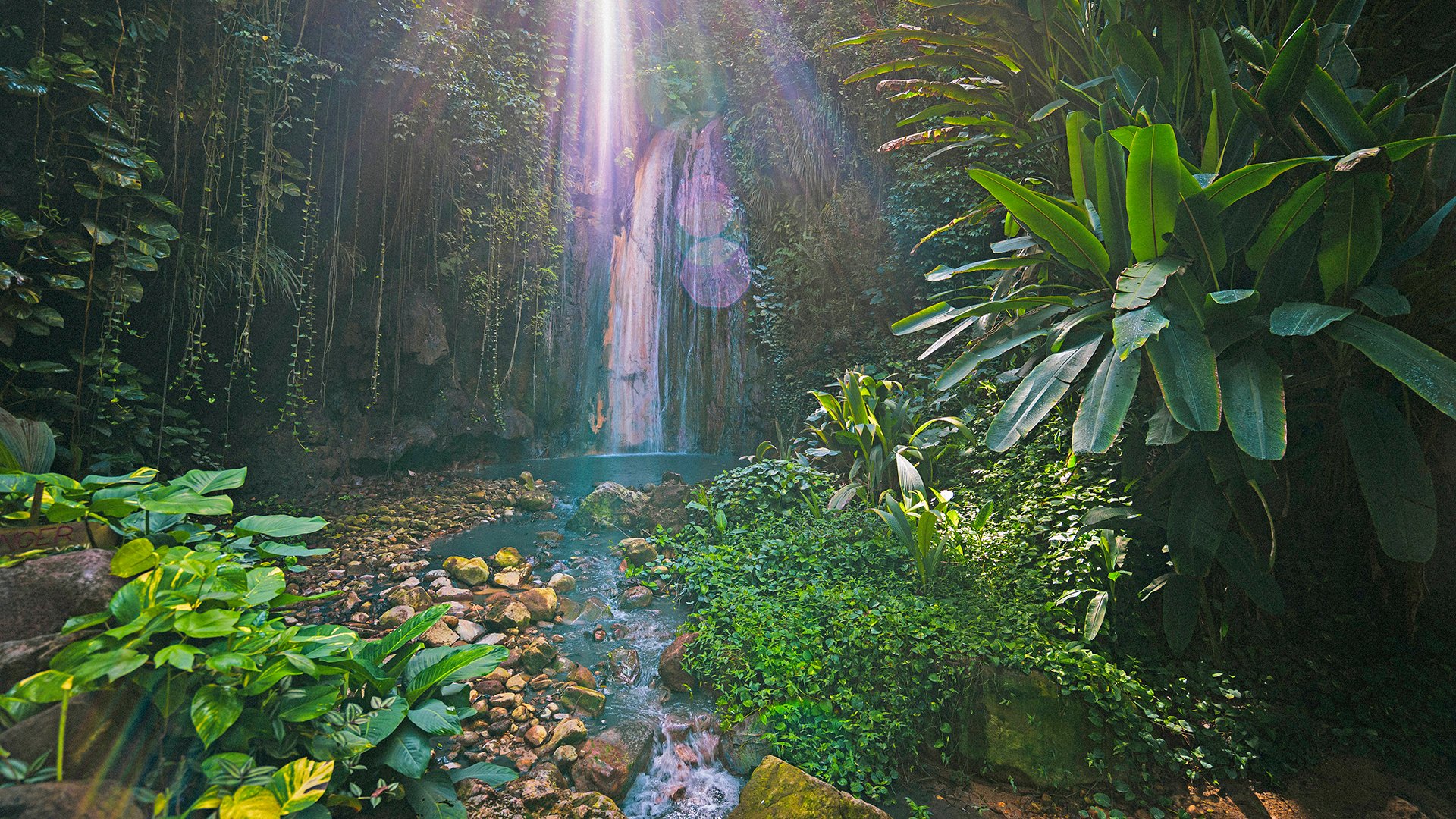 tropical diamond waterfall on caribbean island with sunlight, St. Lucia