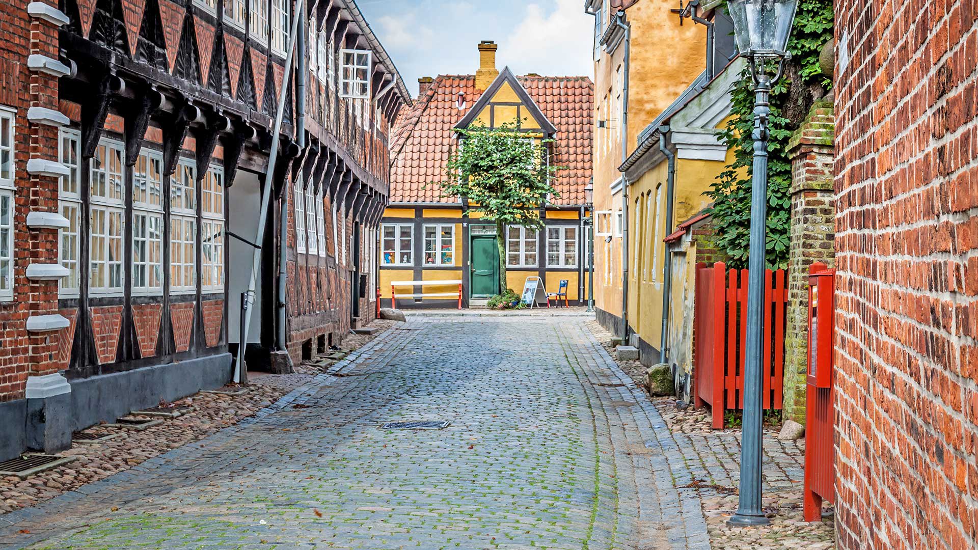 Street with old houses from royal town Ribe in Denmark