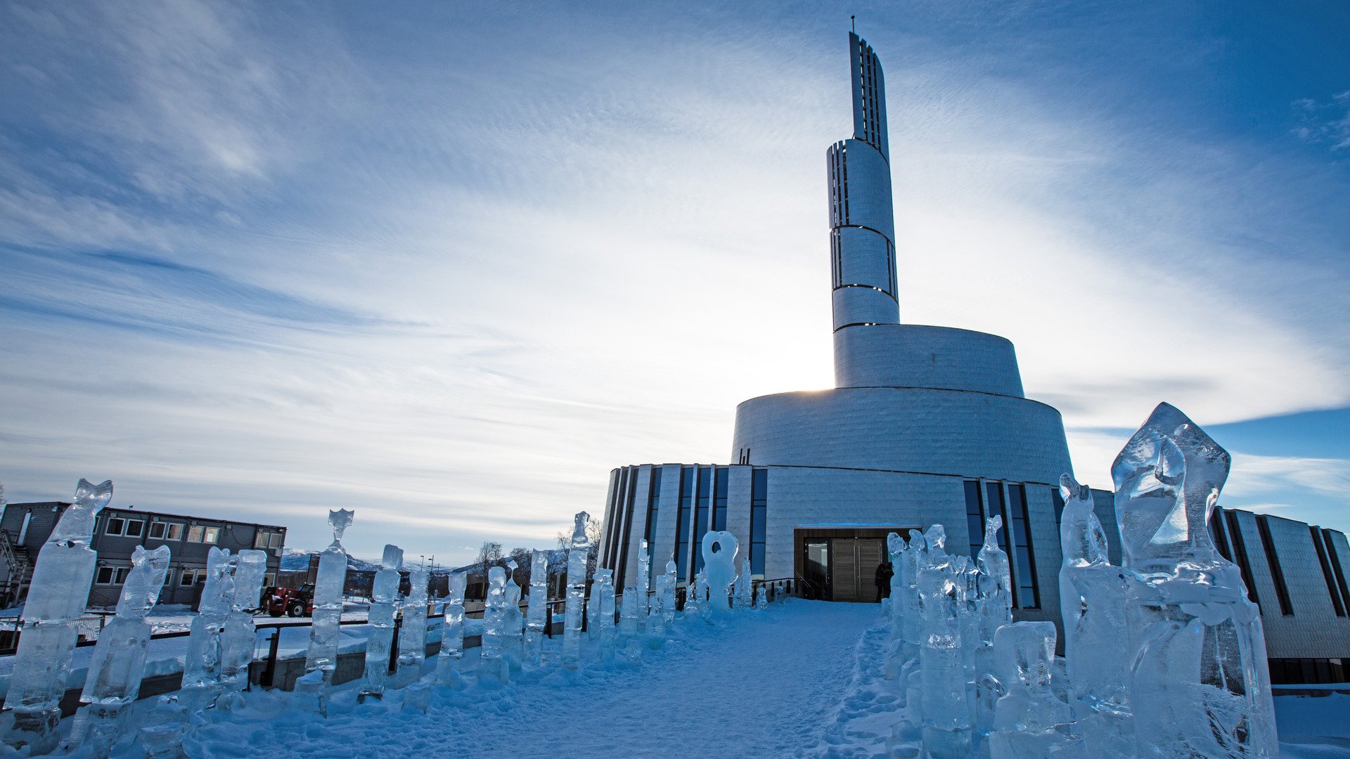 Northern lights cathedral Alta Norway, a new spectacular building which will be finished 2013. Sculptures of ice on the way to the church.