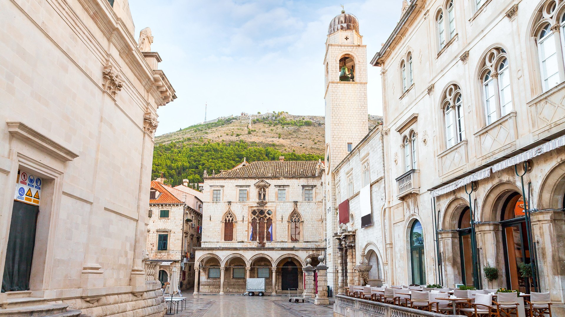 Stradun street at old part of the city early in the morning. Dubrovnic, Croatia. Fortification.