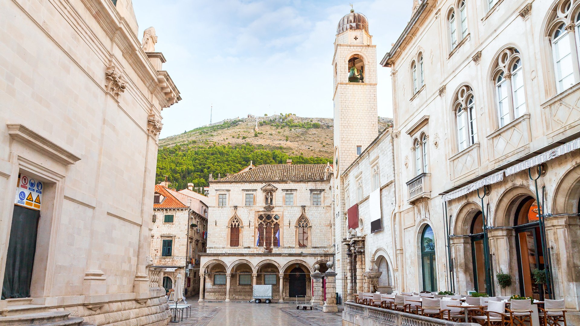 Stradun street at old part of the city early in the morning. Dubrovnic, Croatia. Fortification.
