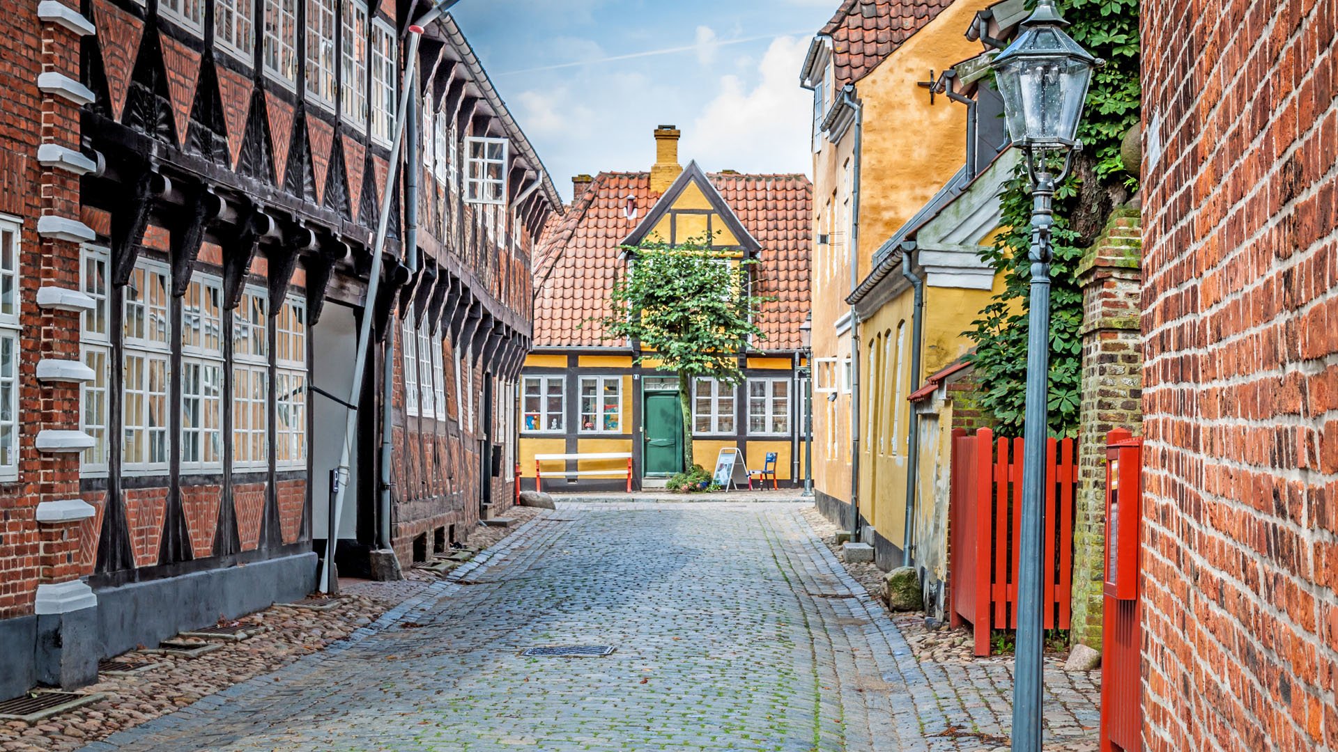 Street with old houses from royal town Ribe in Denmark