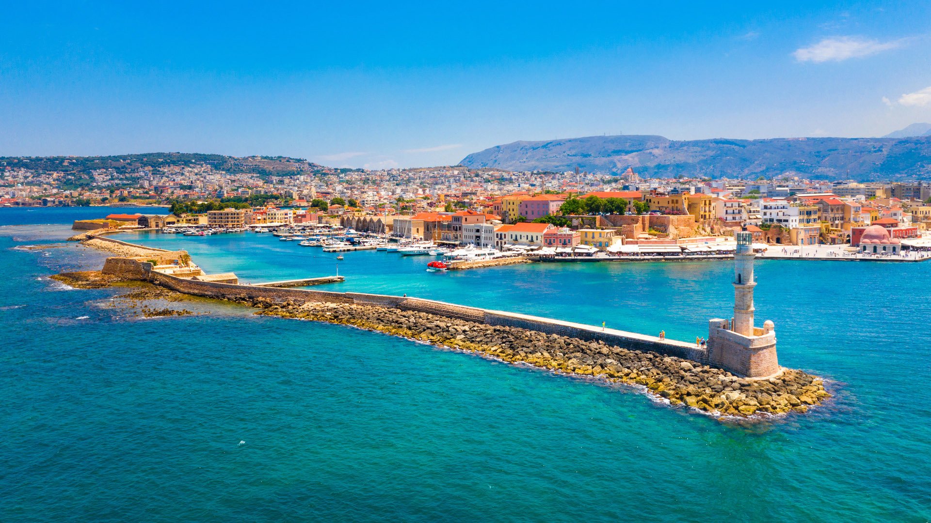Aerial view of the beautiful city of Chania with it's old harbor and the famous lighthouse, Crete, Greece.; Shutterstock ID 1426857158; purchase_order: 25804 at; job: ; client: AIDA Cruises; other: 