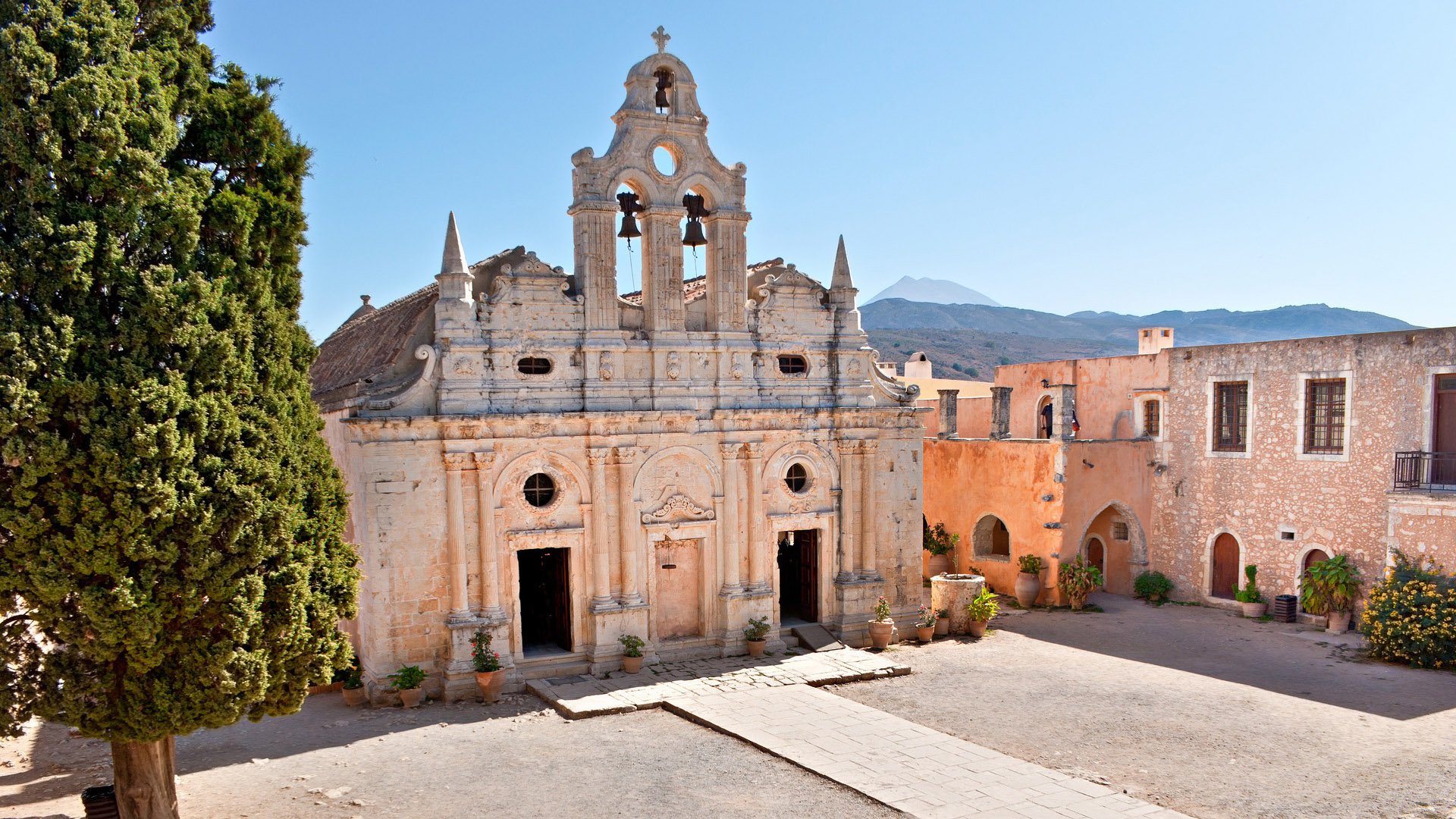 The view on the Basilika of Arkadi Monastery from its surrounding gallery, Crete.