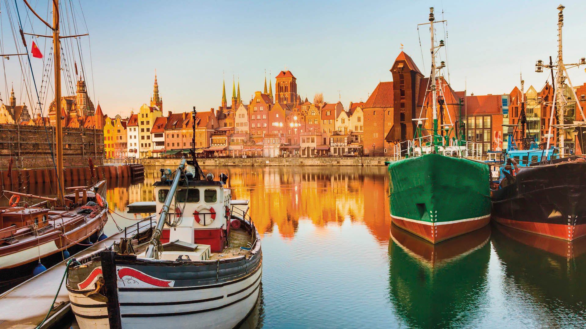 Morning scenery with boats of Gdansk old town in Poland
