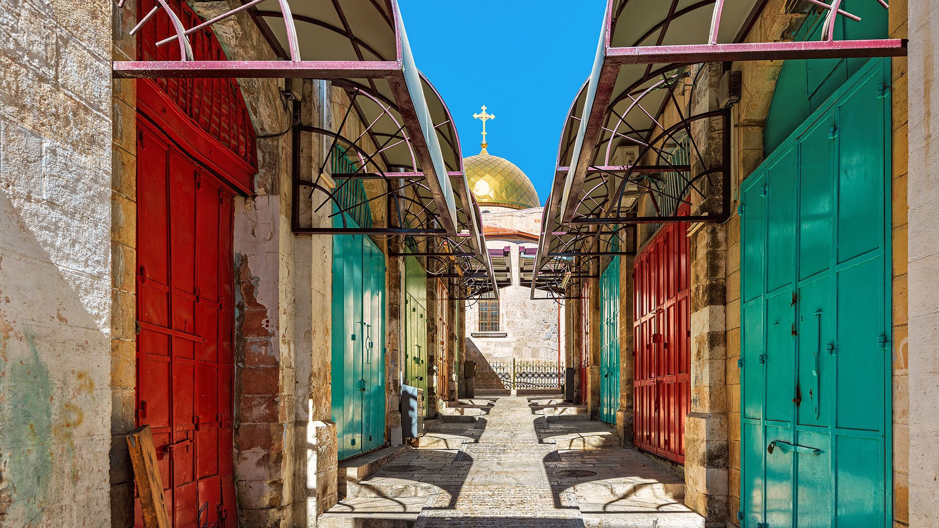 Colorful doors at bazaar in Old City of Jerusalem, Israel.