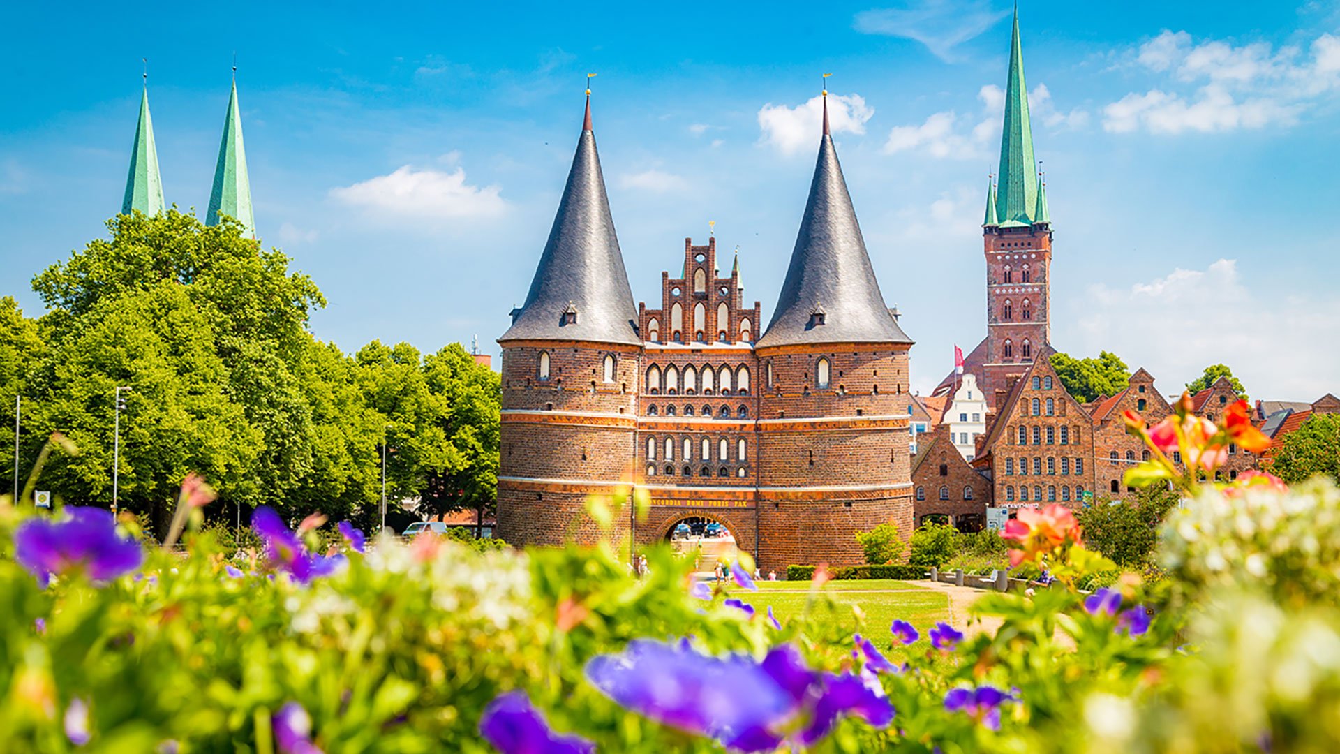 Historic town of Lübeck with famous Holstentor gate in summer, Schleswig-Holstein, northern Germany
