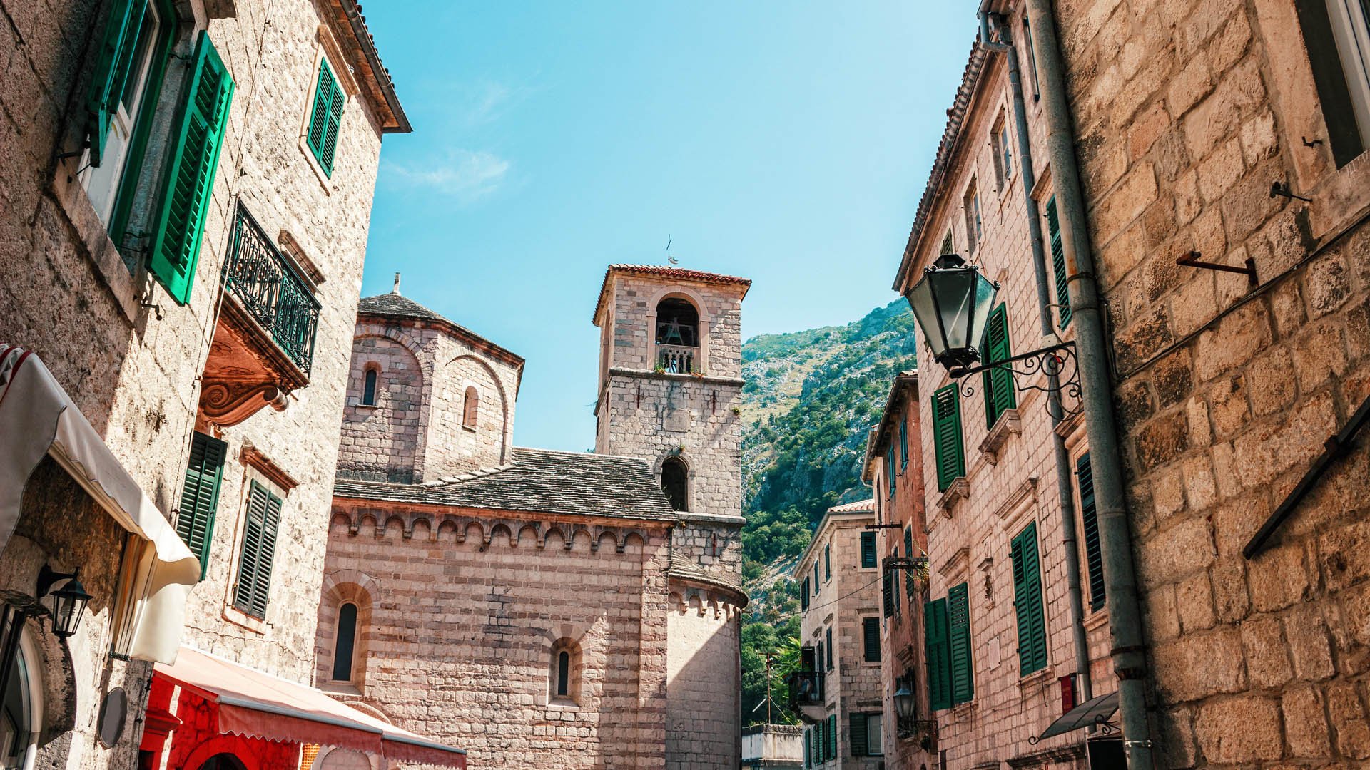 Old historical buildings in the central district of ancient city Kotor in Montenegro.