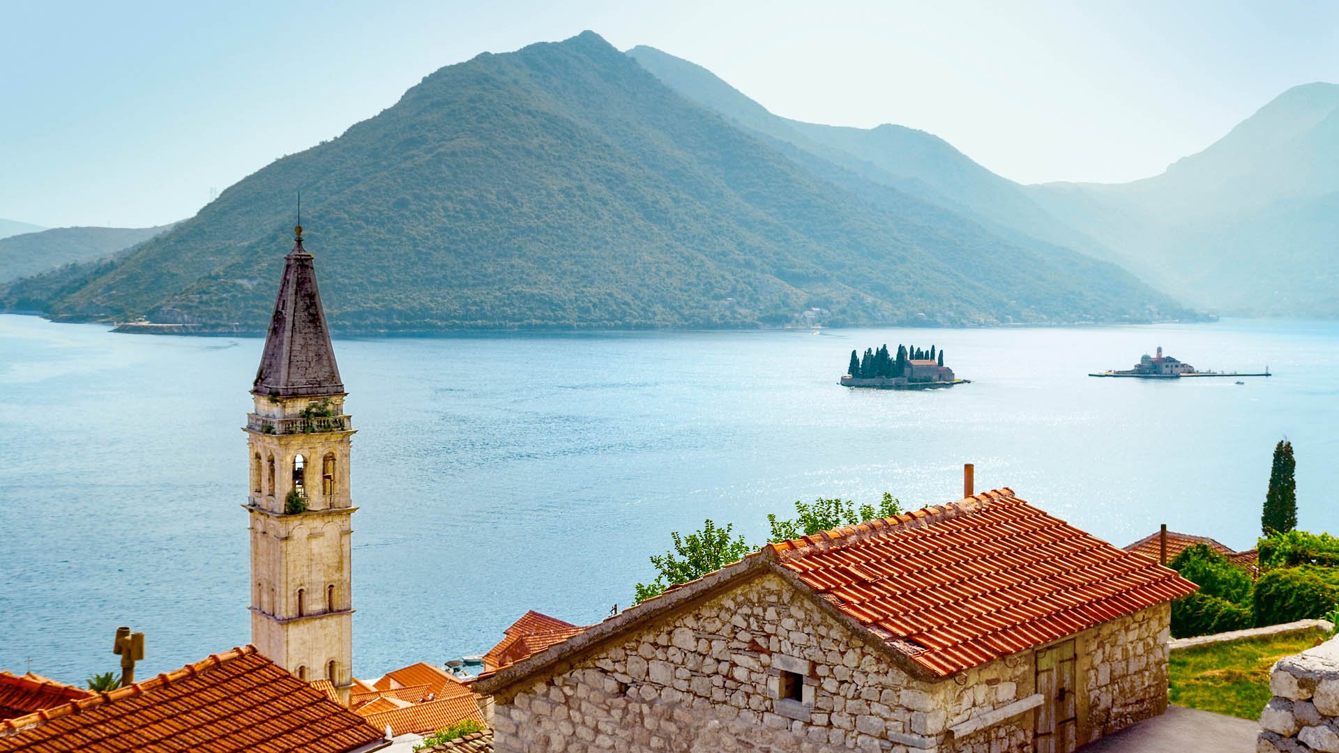 Panorama of Kotor Bay seen from upper Perast. On the right famous islands: Ostrvo Sveti ?or?e (Island of Saint George) and man made island Gospa od ?krpjela (Our Lady of the Rocks)